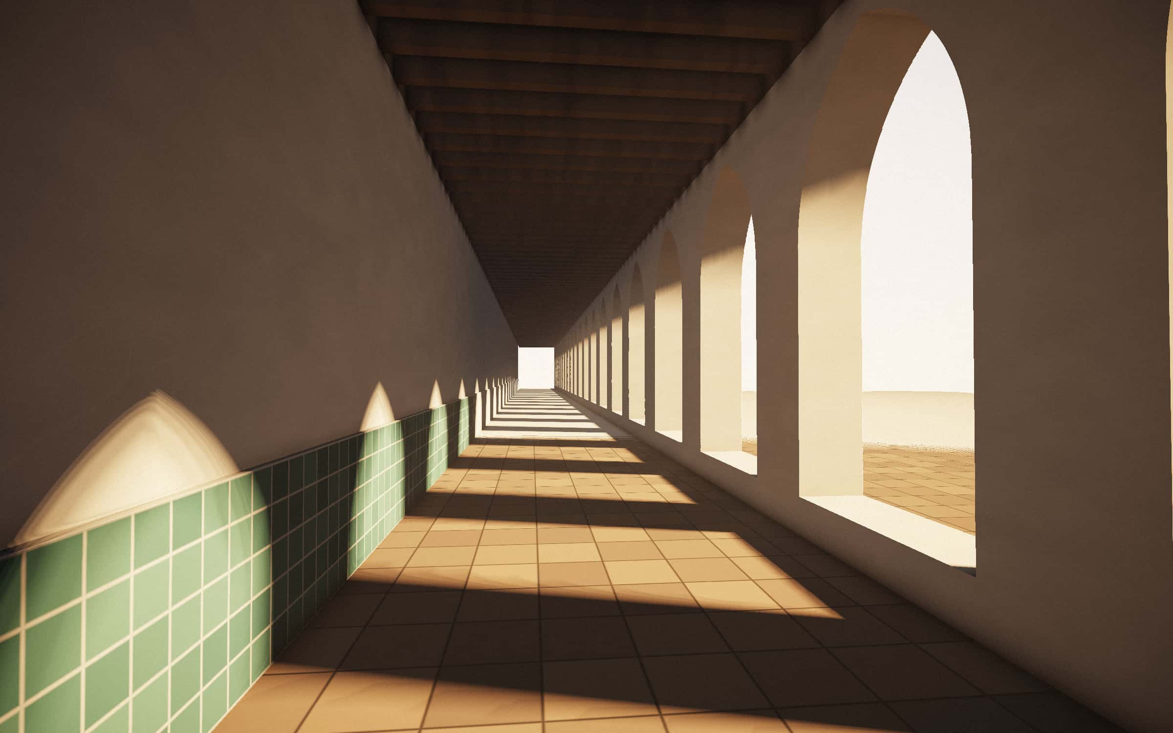 Sunlit Moorish gallery with pointed arches casting light across a tiled floor