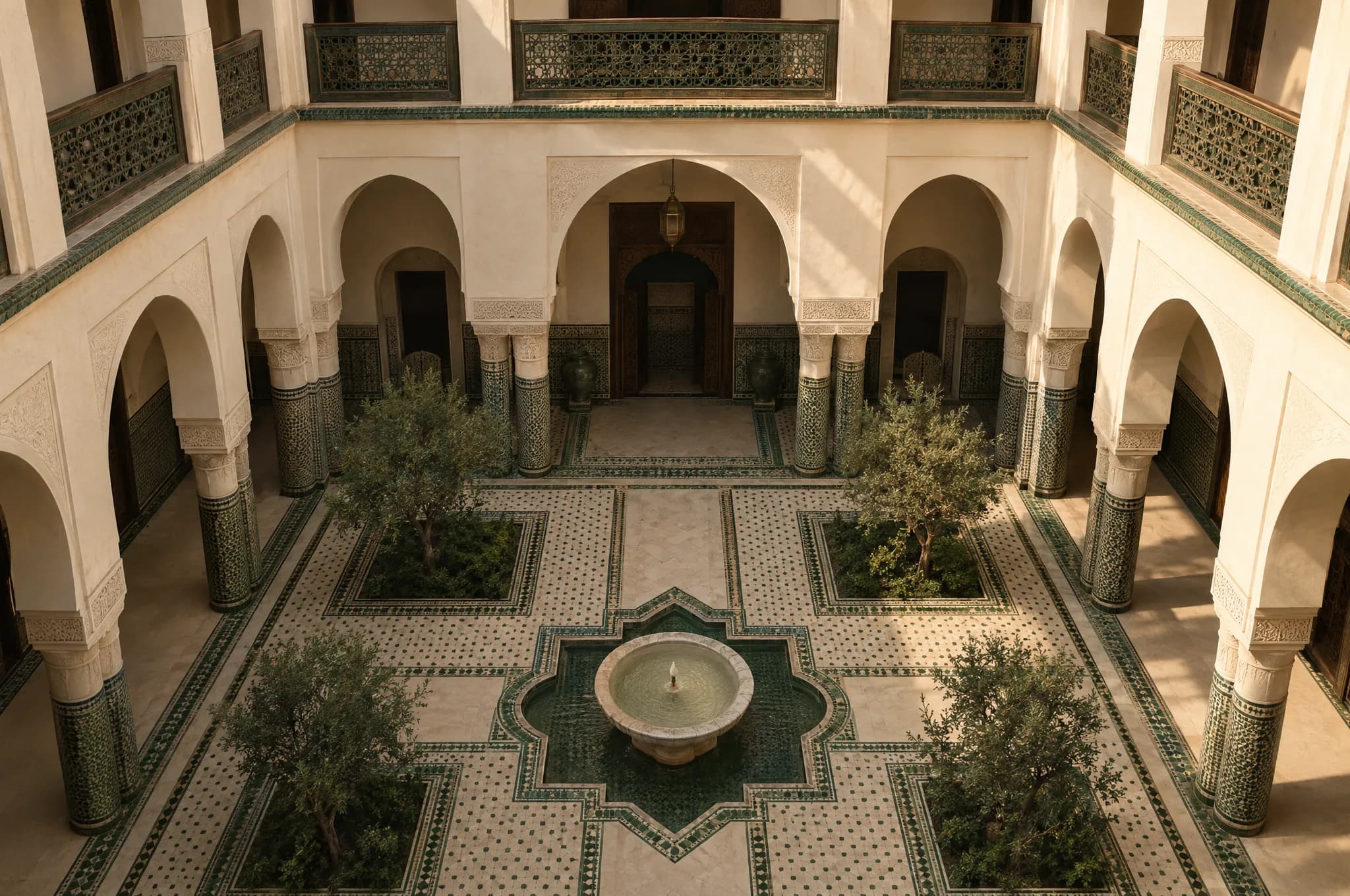 A riad courtyard seen from above: arches, galleries and a central fountain in perfect order