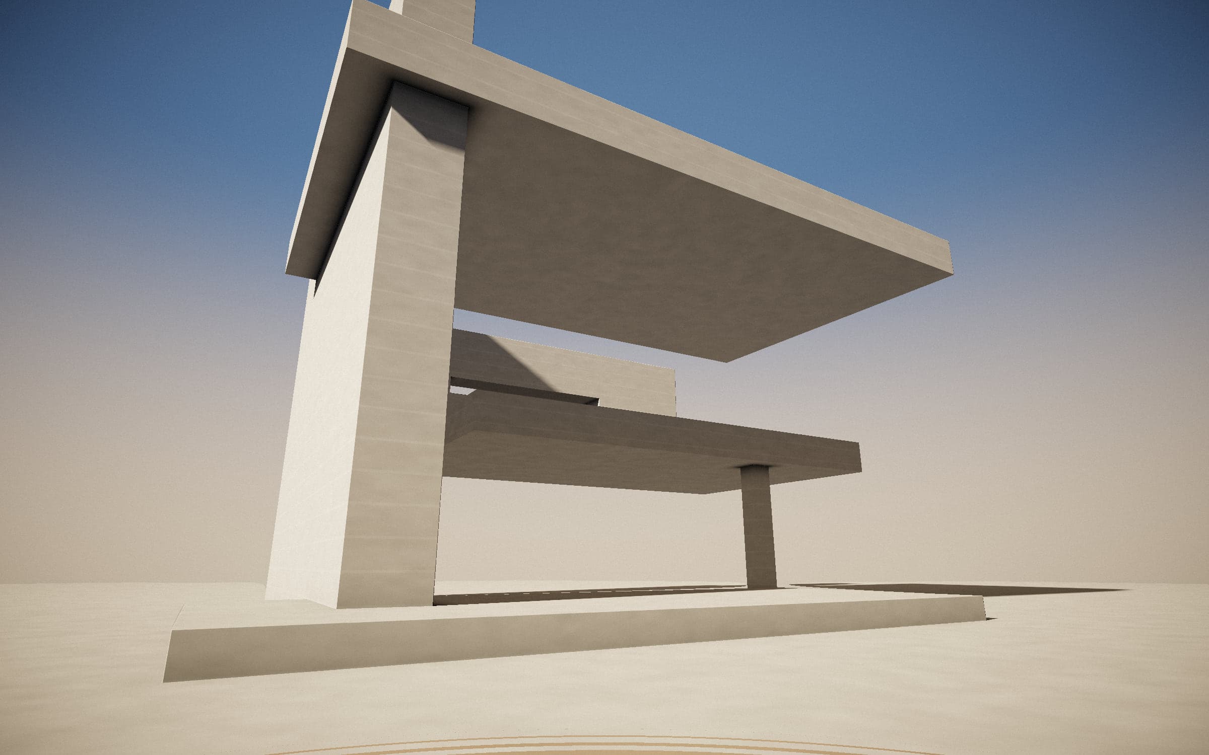 Board-formed concrete cantilevers against a deep blue sky