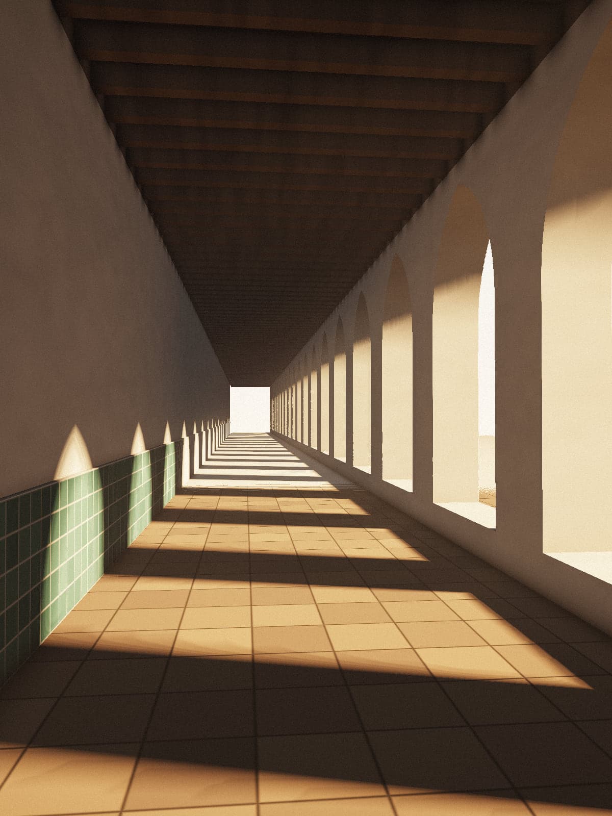 Sunlit Moorish gallery with pointed arches