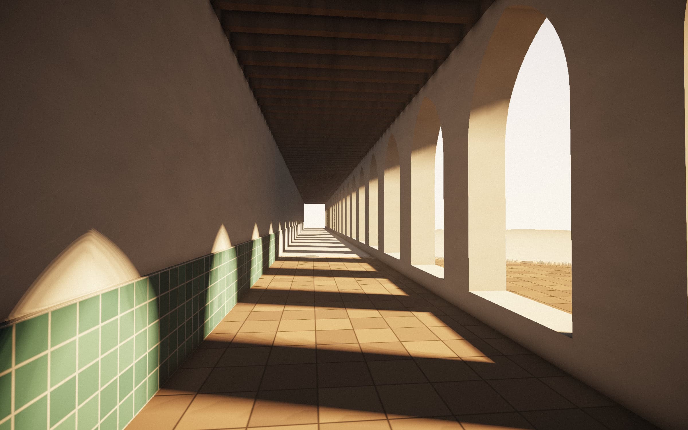 Sunlit Moorish gallery with pointed arches casting light across a tiled floor