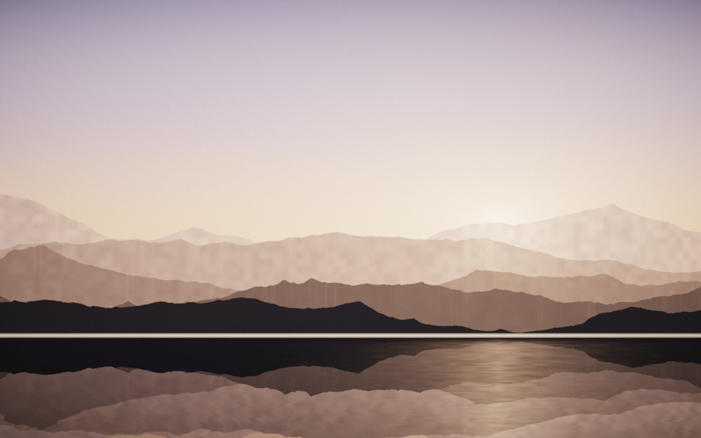 Mountain ridges at dusk reflected across a still infinity pool edge
