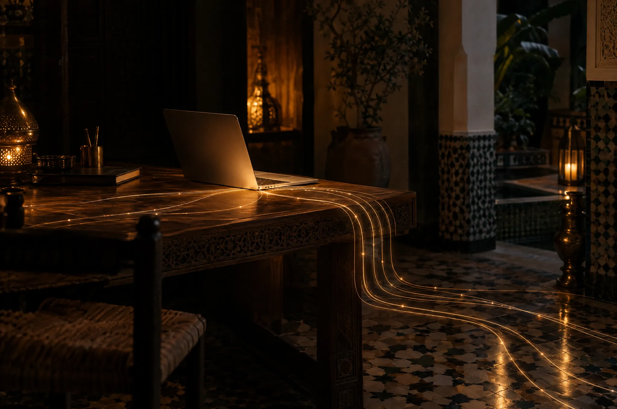 A laptop glowing on a cedar desk at night, threads of golden light flowing from it across carved wood and zellige