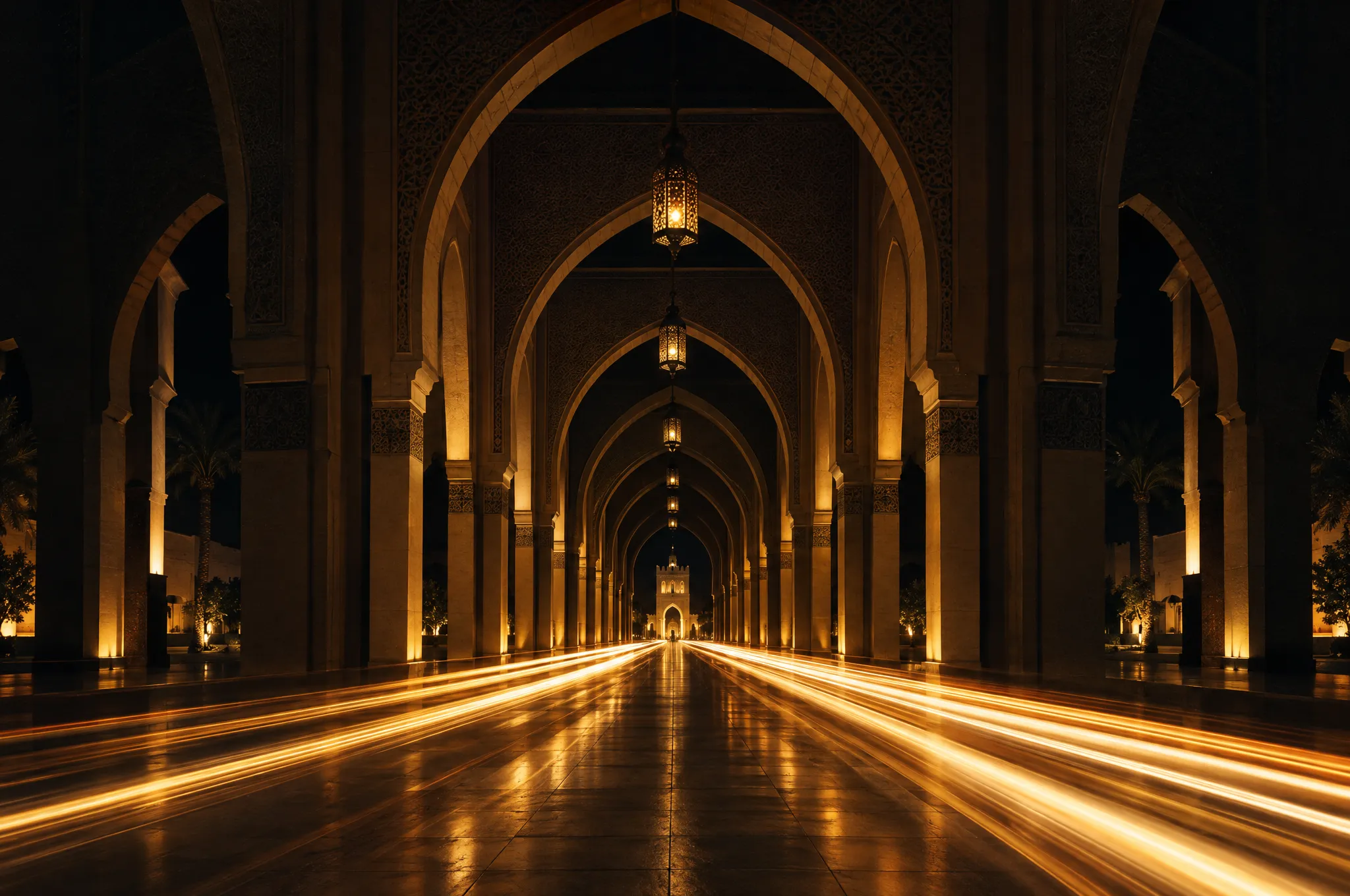 Golden light trails racing through a dark arcade of pointed arches at night