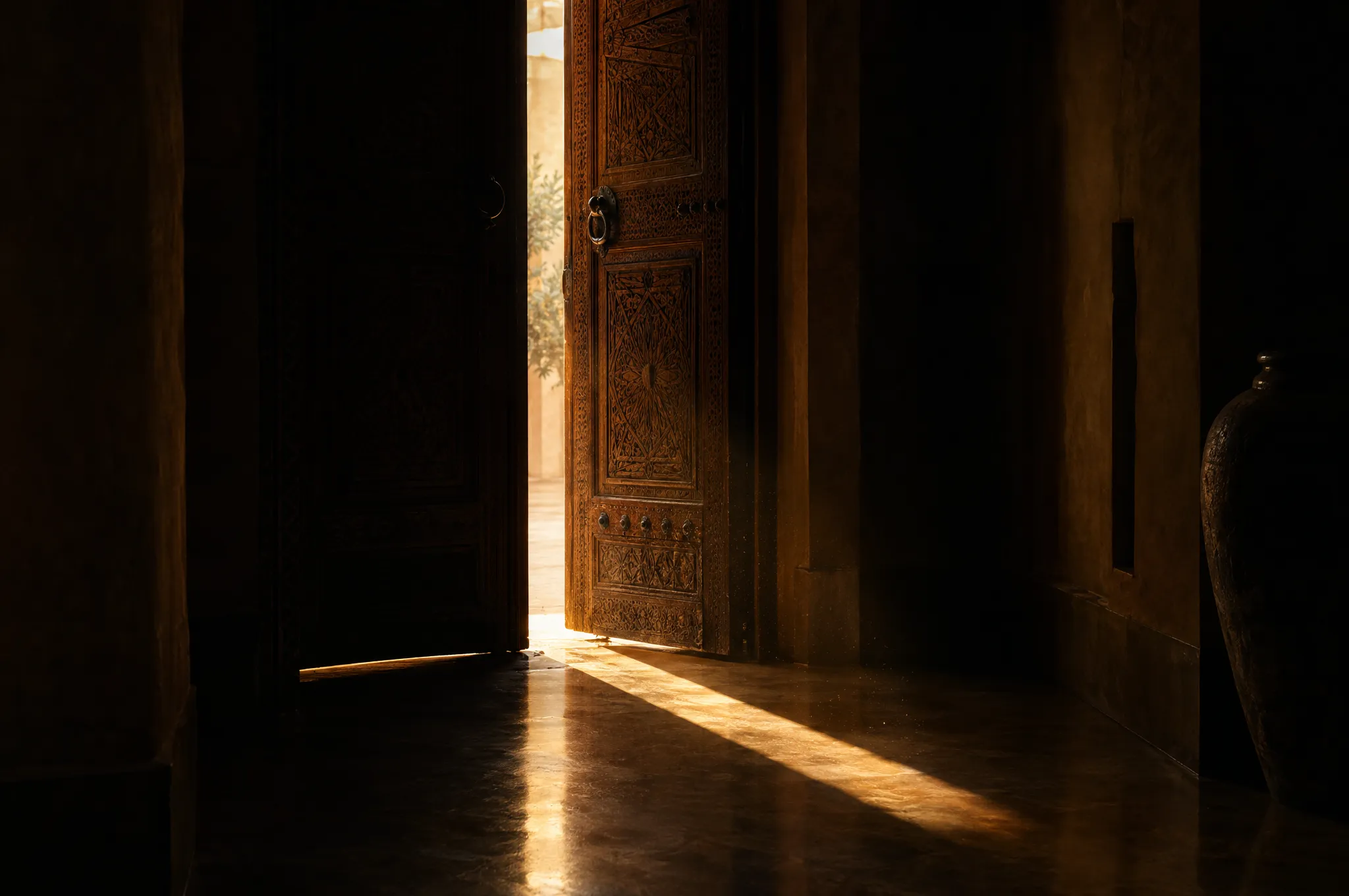 A carved Moroccan door left ajar, a blade of morning light spilling across a polished floor