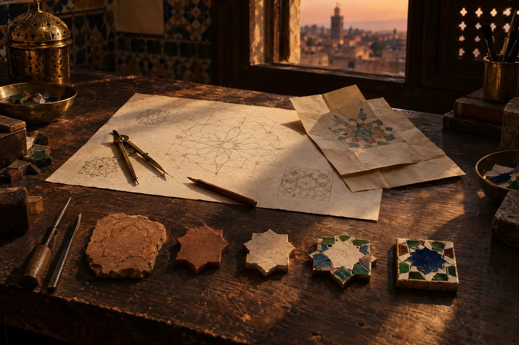 A craftsman's workbench in Fes: geometric sketches, a brass compass and zellige tiles laid out from idea to finished piece