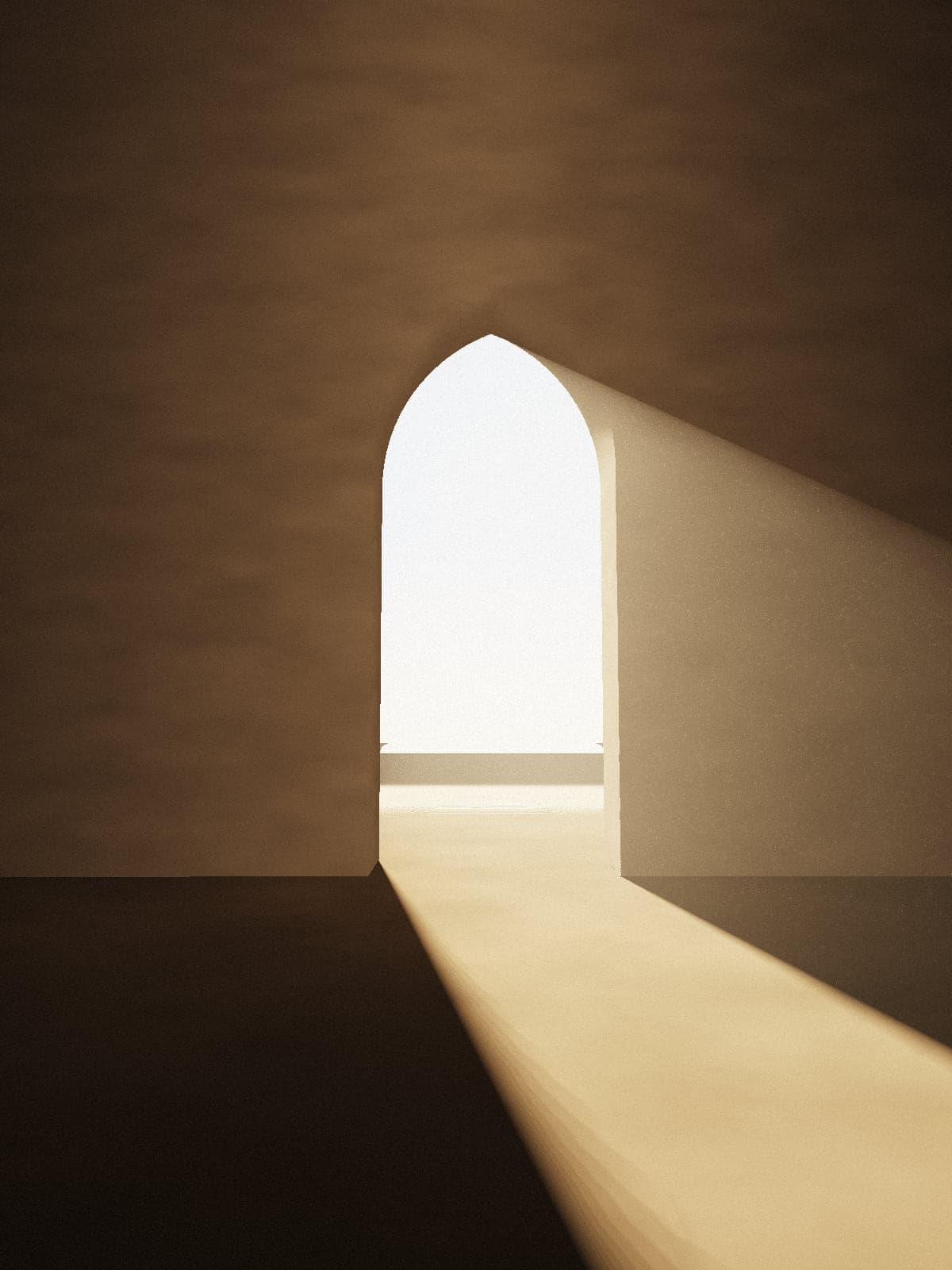 Light pouring through a pointed arch into a dark hall