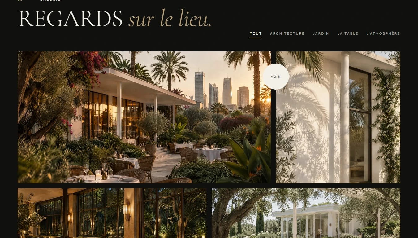 Le Pavillon website gallery “Regards sur le lieu”, filterable by architecture, garden, table and atmosphere