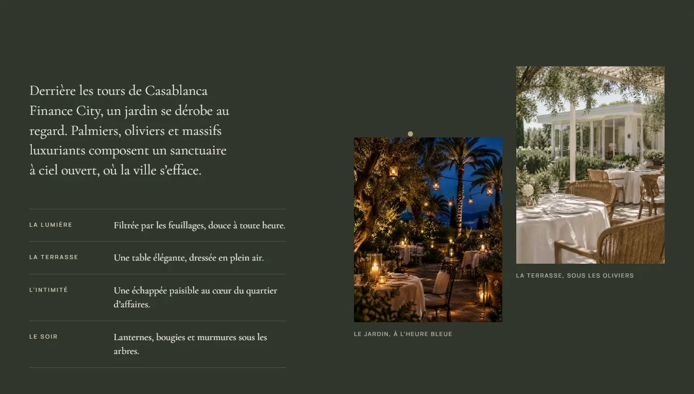 Le Pavillon website garden section: text about the hidden garden behind the towers of Casablanca Finance City, beside photos of the lantern-lit garden and the terrace under the olive trees