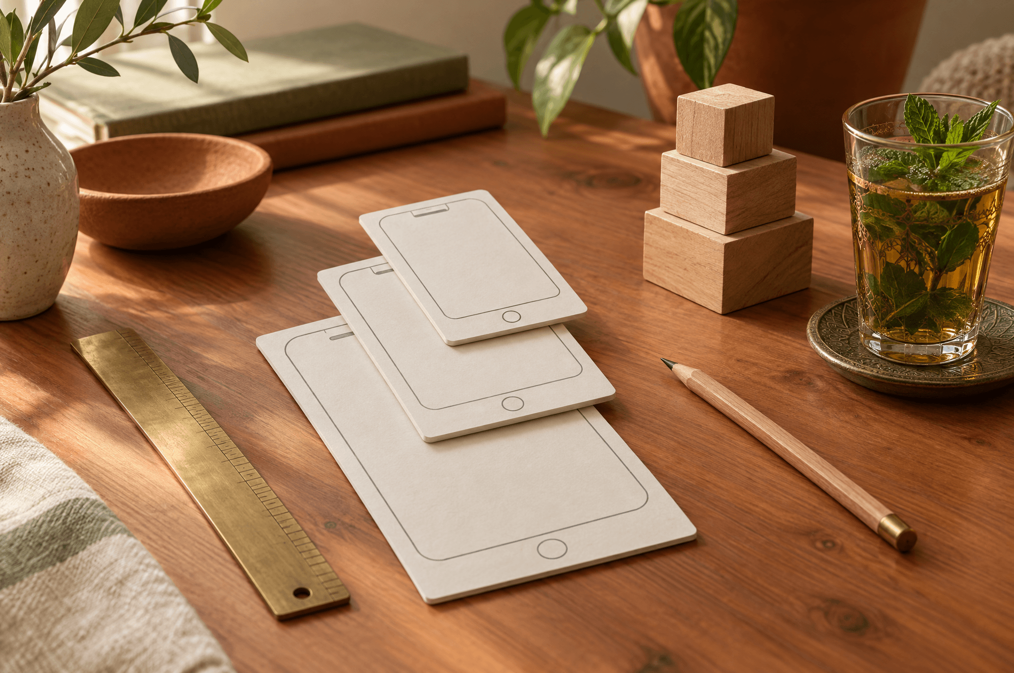 Des maquettes d’écrans de téléphone en papier vierge empilées comme des blocs, une règle en laiton, un crayon, des blocs de bois et un thé à la menthe sur un bureau en cèdre