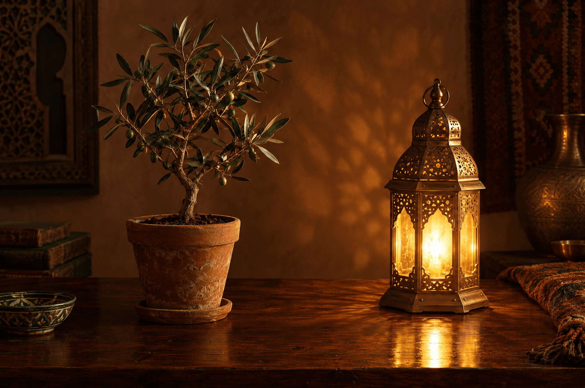 شجرة زيتون صغيرة في أصيص فخاري من جهة وفانوس نحاسي مضاء من الجهة الأخرى على مكتب من خشب الأرز الداكن