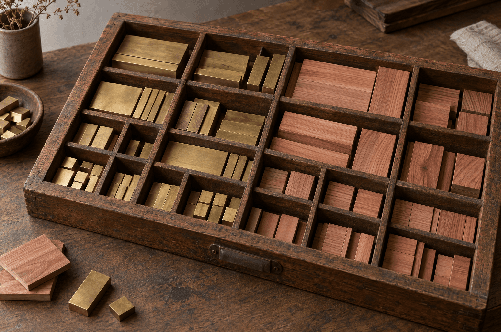 A wooden type case with neatly sorted compartments of brass blocks and small cedar tiles, on a workbench in soft light