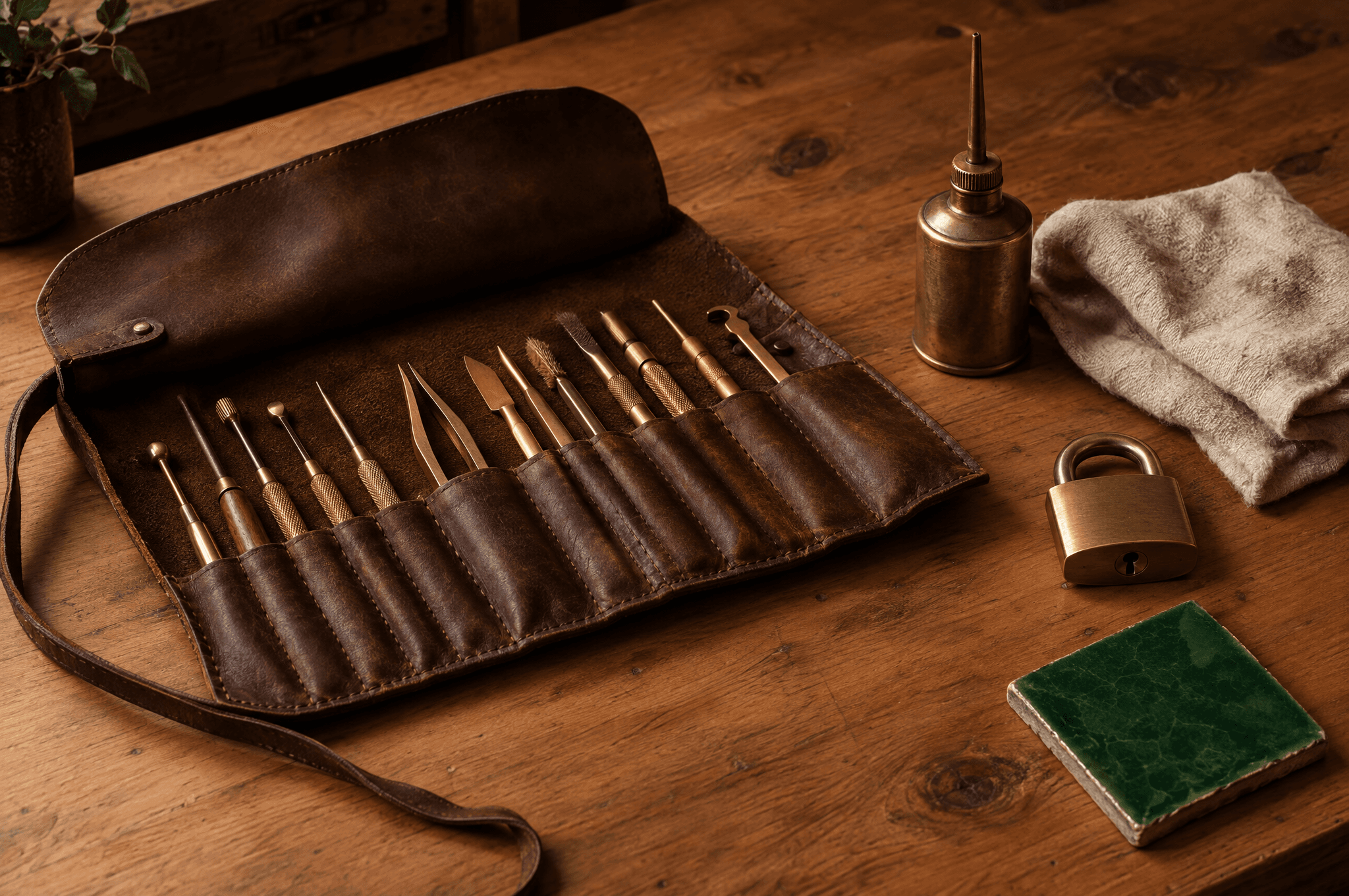 Une trousse d’outils en cuir ouverte avec des outils en laiton, une burette et un cadenas fermé sur un établi en cèdre