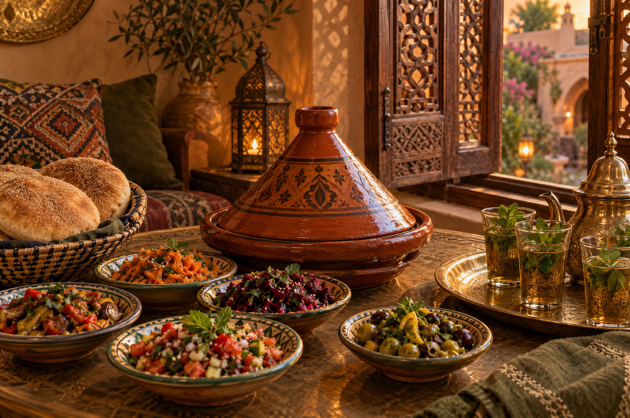 طاولة مطعم مغربي معدة بطاجين فخاري مغطى وأطباق سلطات صغيرة وخبز تقليدي، بجانب نافذة منقوشة في ضوء المساء
