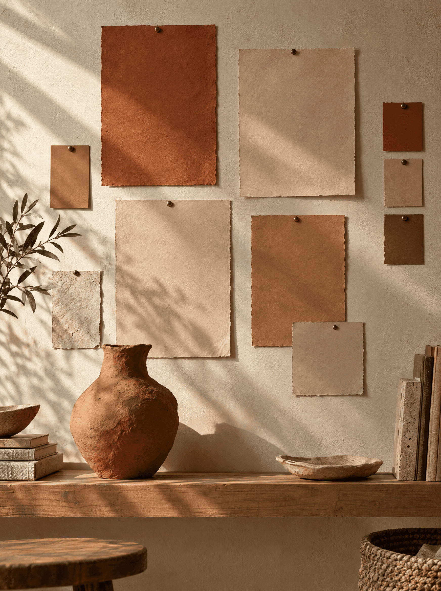 Un mur de studio avec des épreuves vierges épinglées et un vase en argile, dans une lumière chaude