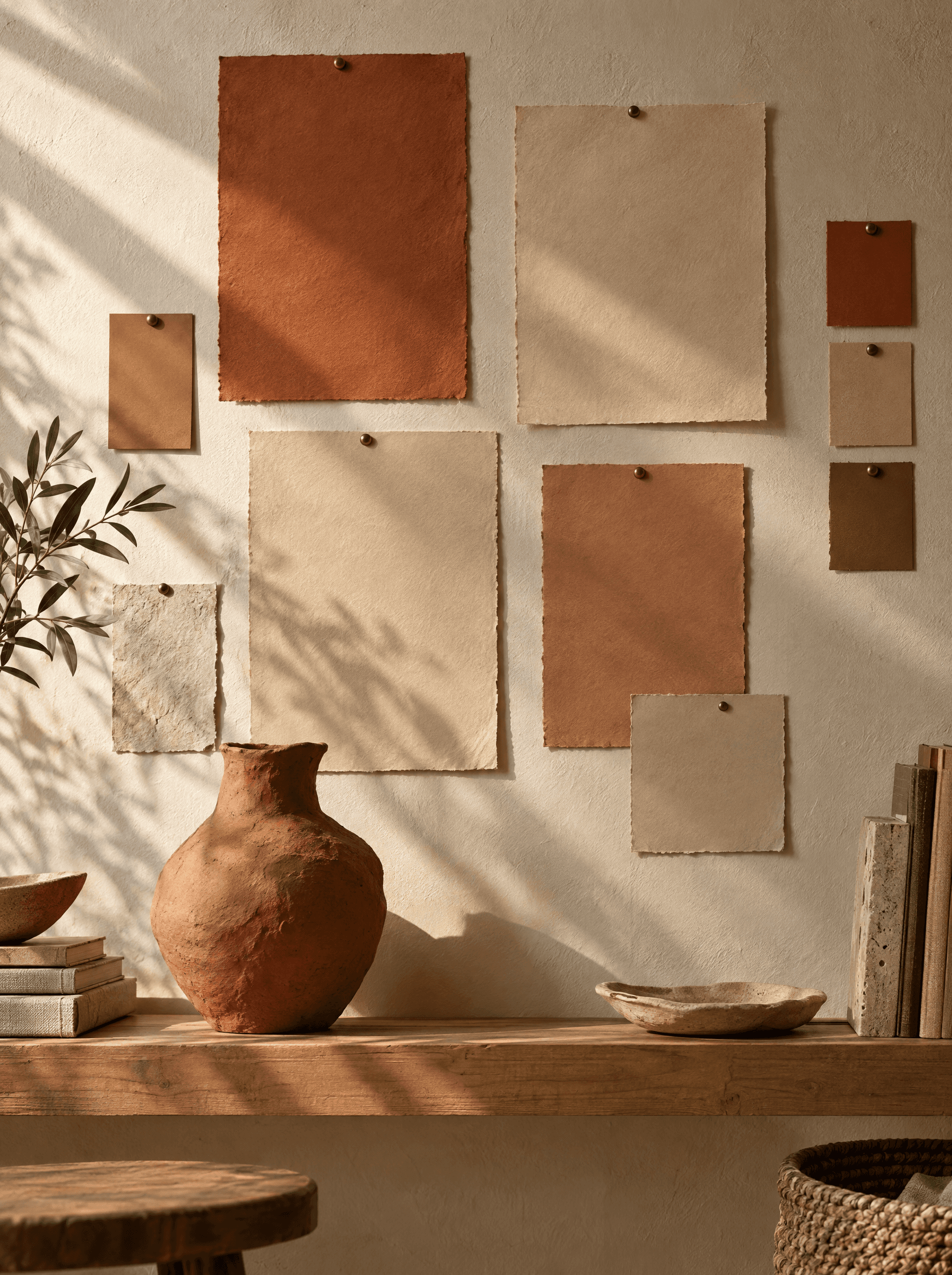 Un mur de studio avec des épreuves vierges épinglées et un vase en argile, dans une lumière chaude