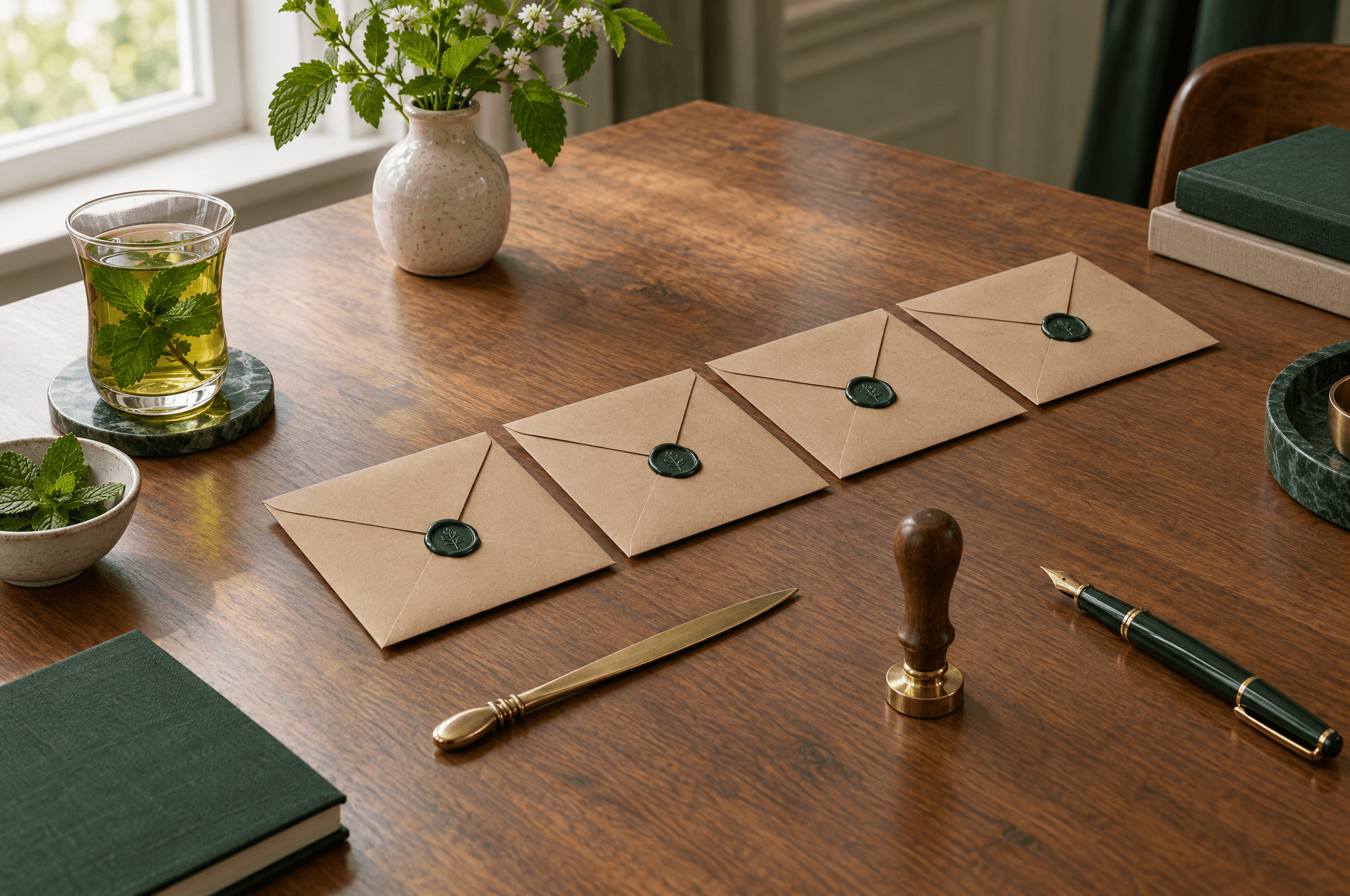 Des enveloppes kraft vierges et scellées alignées sur une table, un coupe-papier en laiton, un cachet de cire, un stylo plume et un thé à la menthe