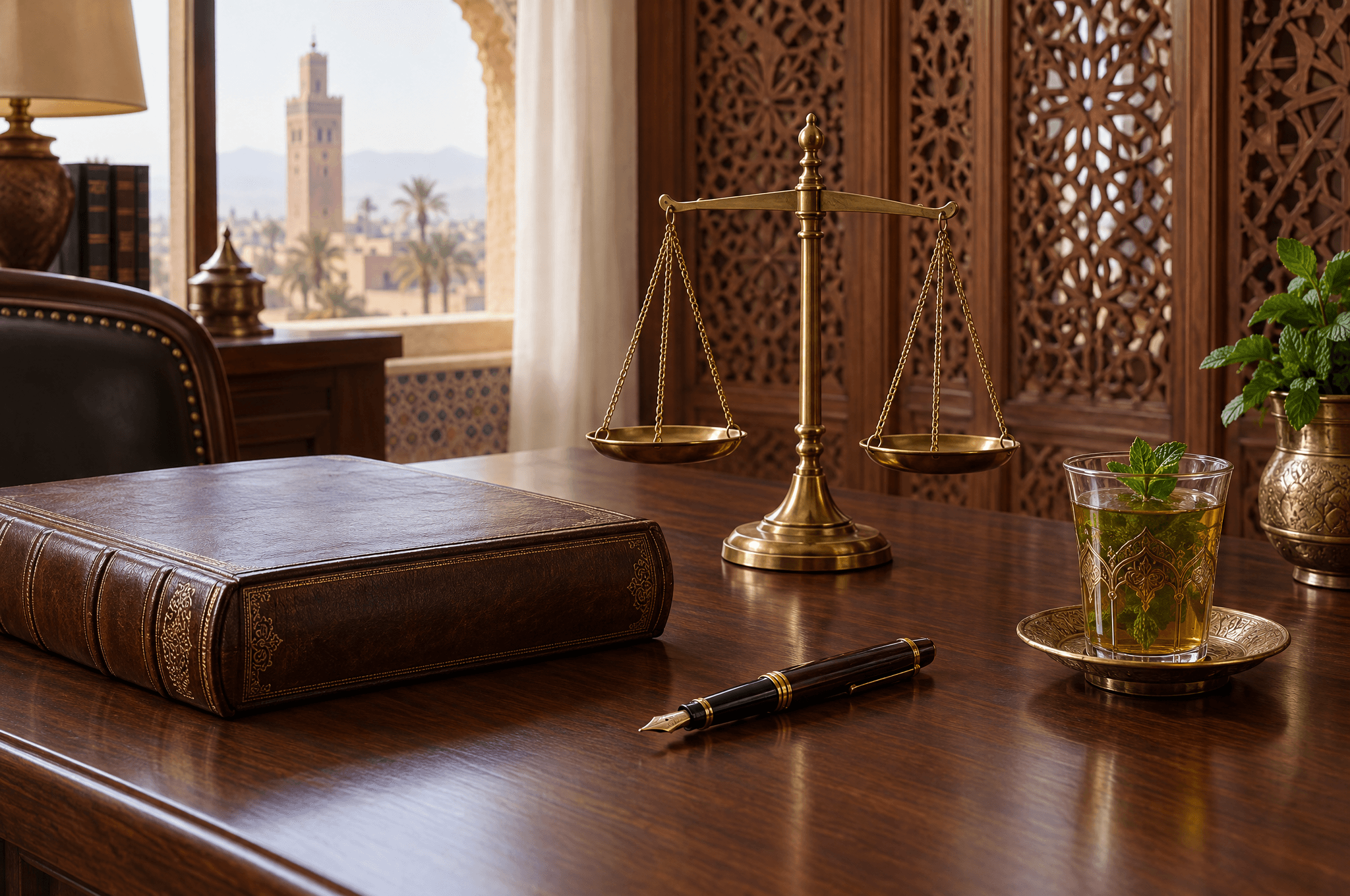 كتاب مغلق بغلاف جلدي وميزان نحاسي وقلم حبر وكوب شاي بالنعناع على مكتب من خشب الجوز أمام مشربية من خشب الأرز