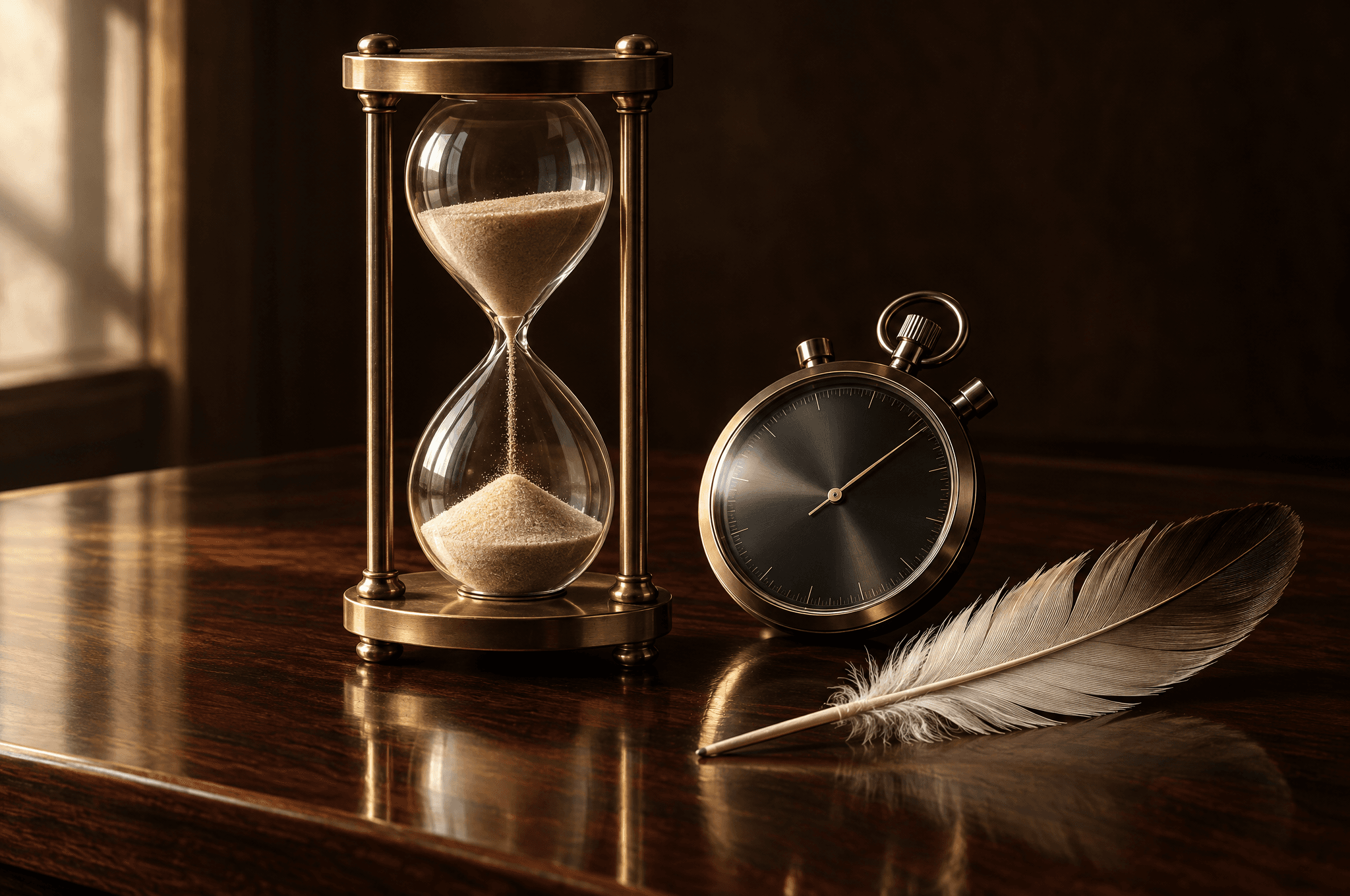 Un sablier en laiton qui s’écoule à côté d’un chronomètre moderne et d’une plume sur une surface en cèdre sombre