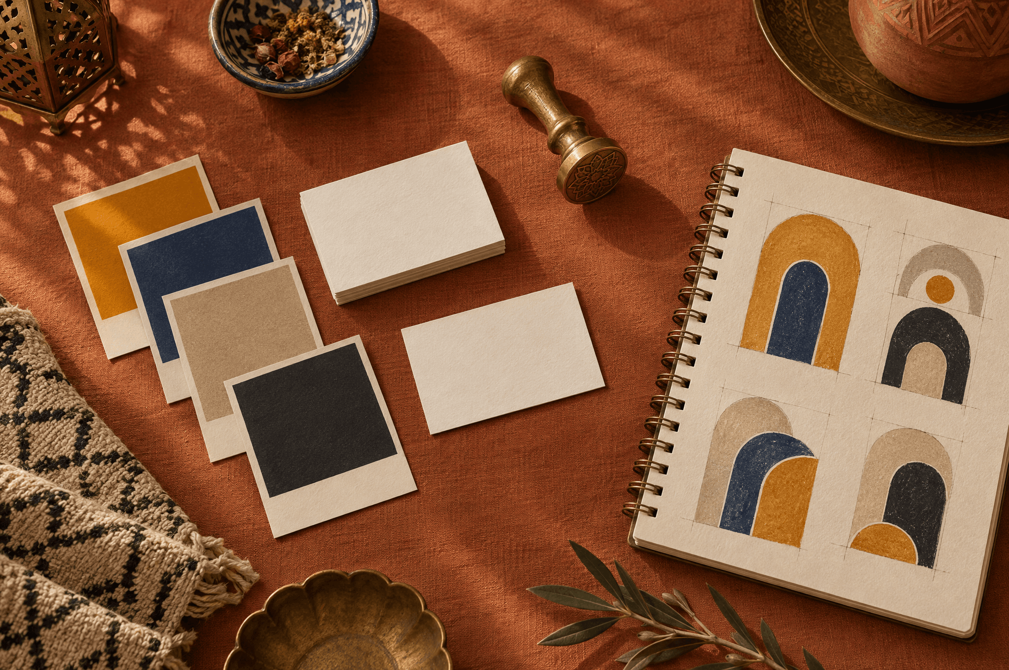 Des nuanciers safran, indigo, sable et noir, des cartes vierges, un tampon en laiton et un carnet de croquis d’arcs sur un lin terracotta