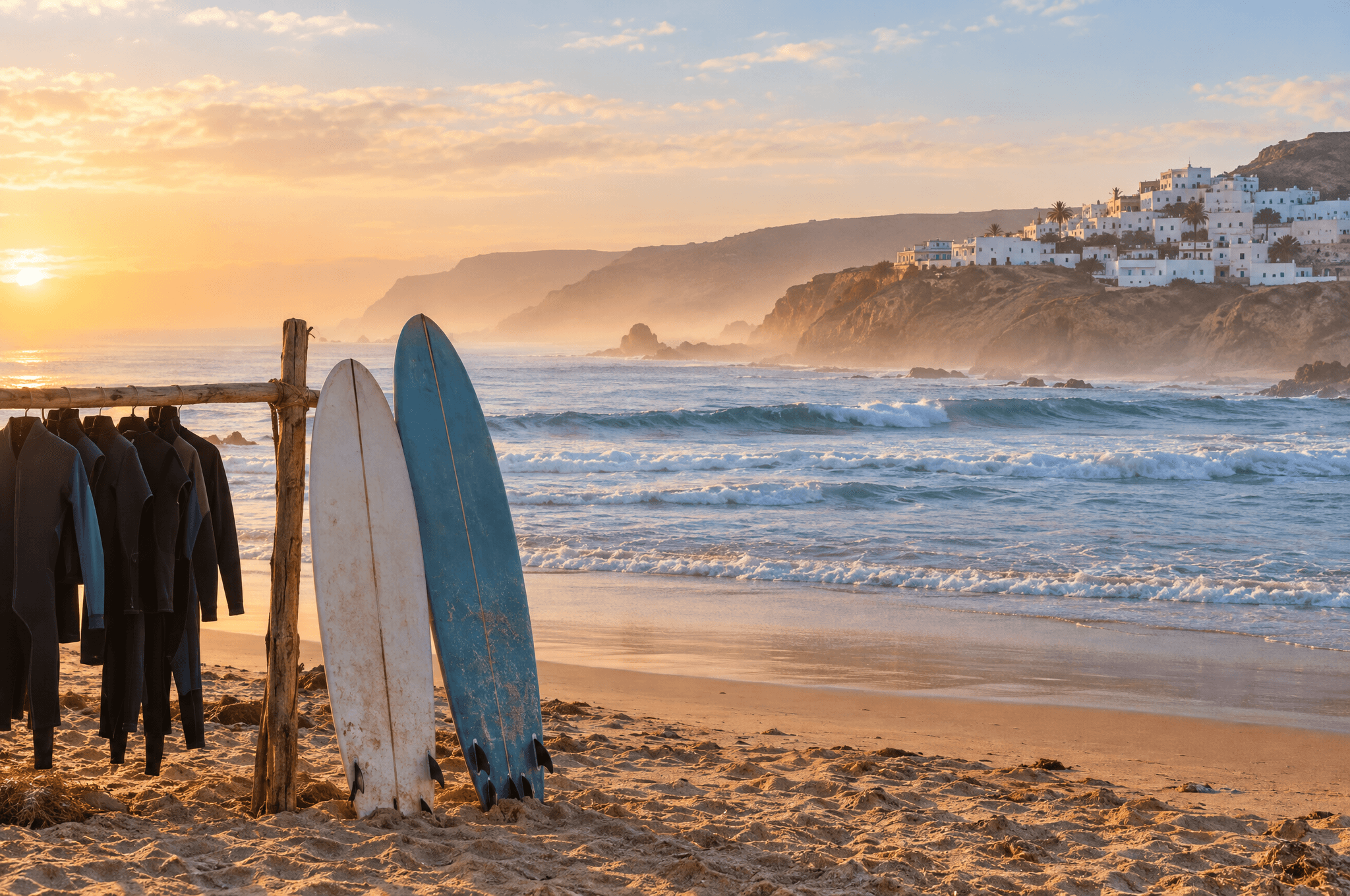 Deux planches de surf plantées dans le sable d’une plage atlantique au lever du soleil, à côté d’un portant en bois avec des combinaisons, un village blanc au loin