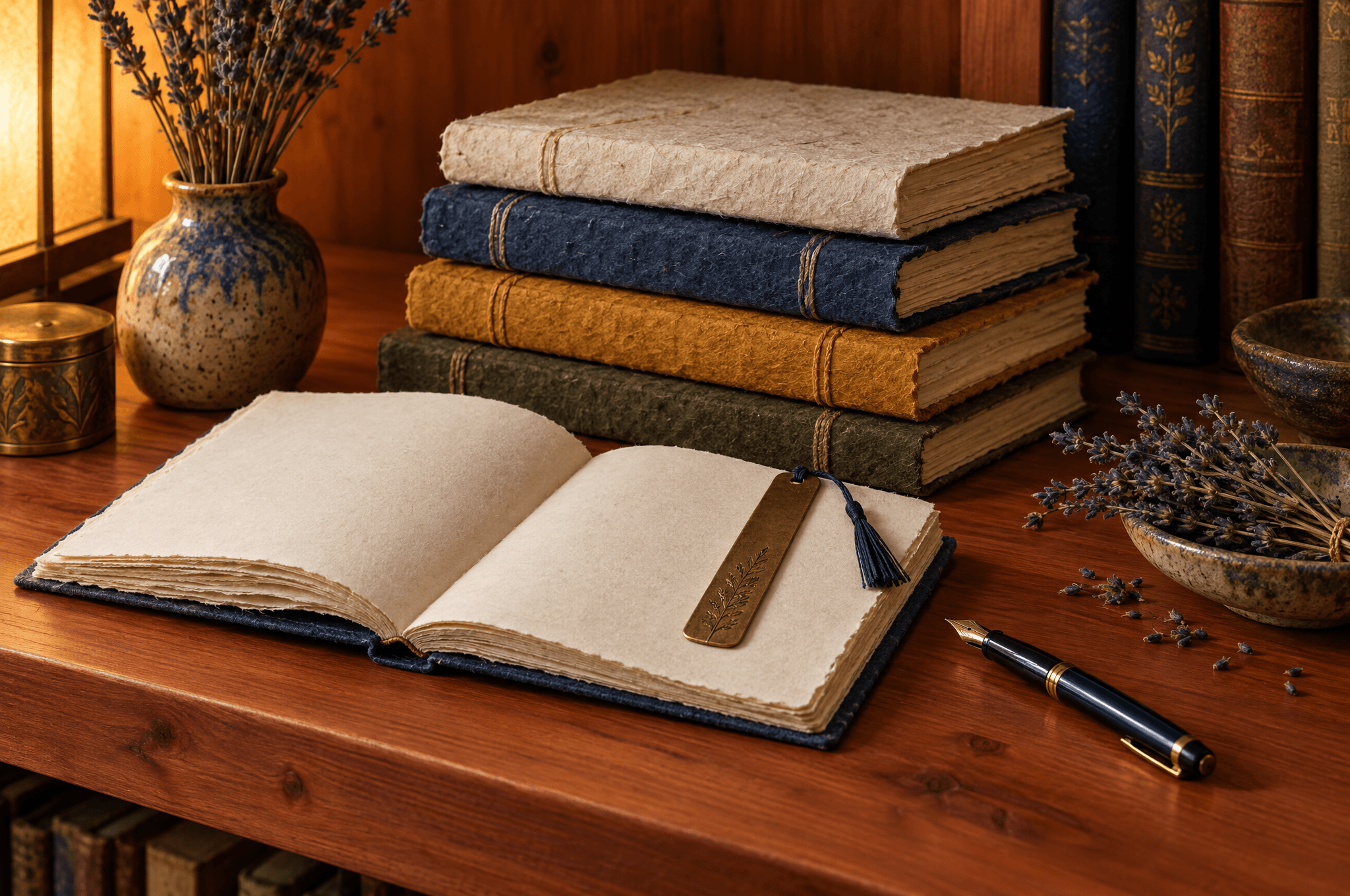 Une pile de carnets en papier artisanal de différentes couleurs, l’un ouvert sur des pages vierges, un marque-page en laiton, un stylo plume et de la lavande séchée