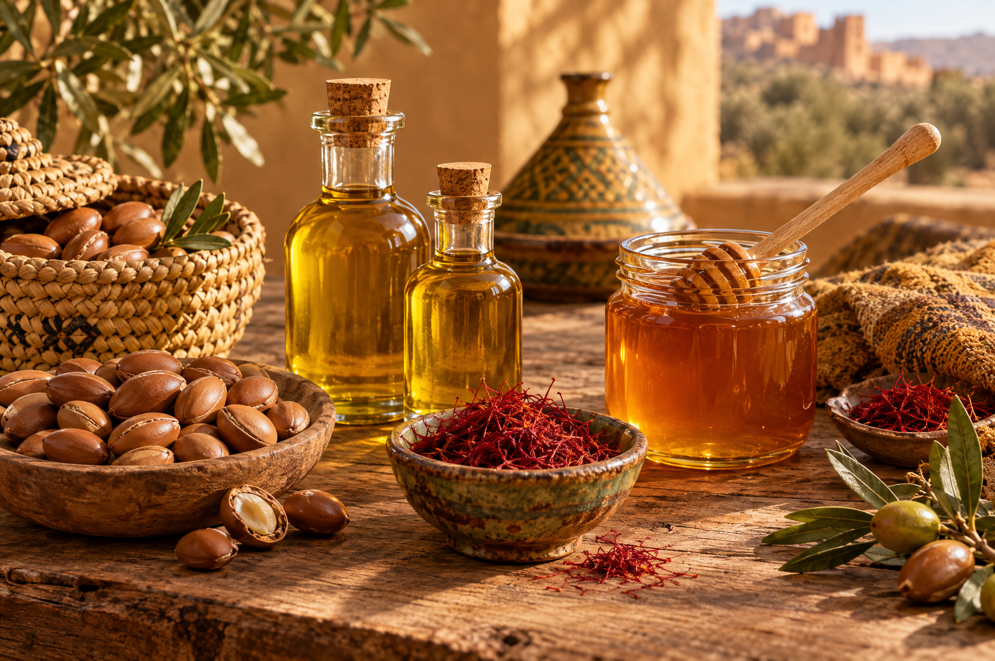 قوارير زيت أرگان بلا ملصقات وبرطمان عسل كهرماني بملعقة خشبية وزعفران وثمار الأرگان في سلة من الخوص على طاولة ريفية