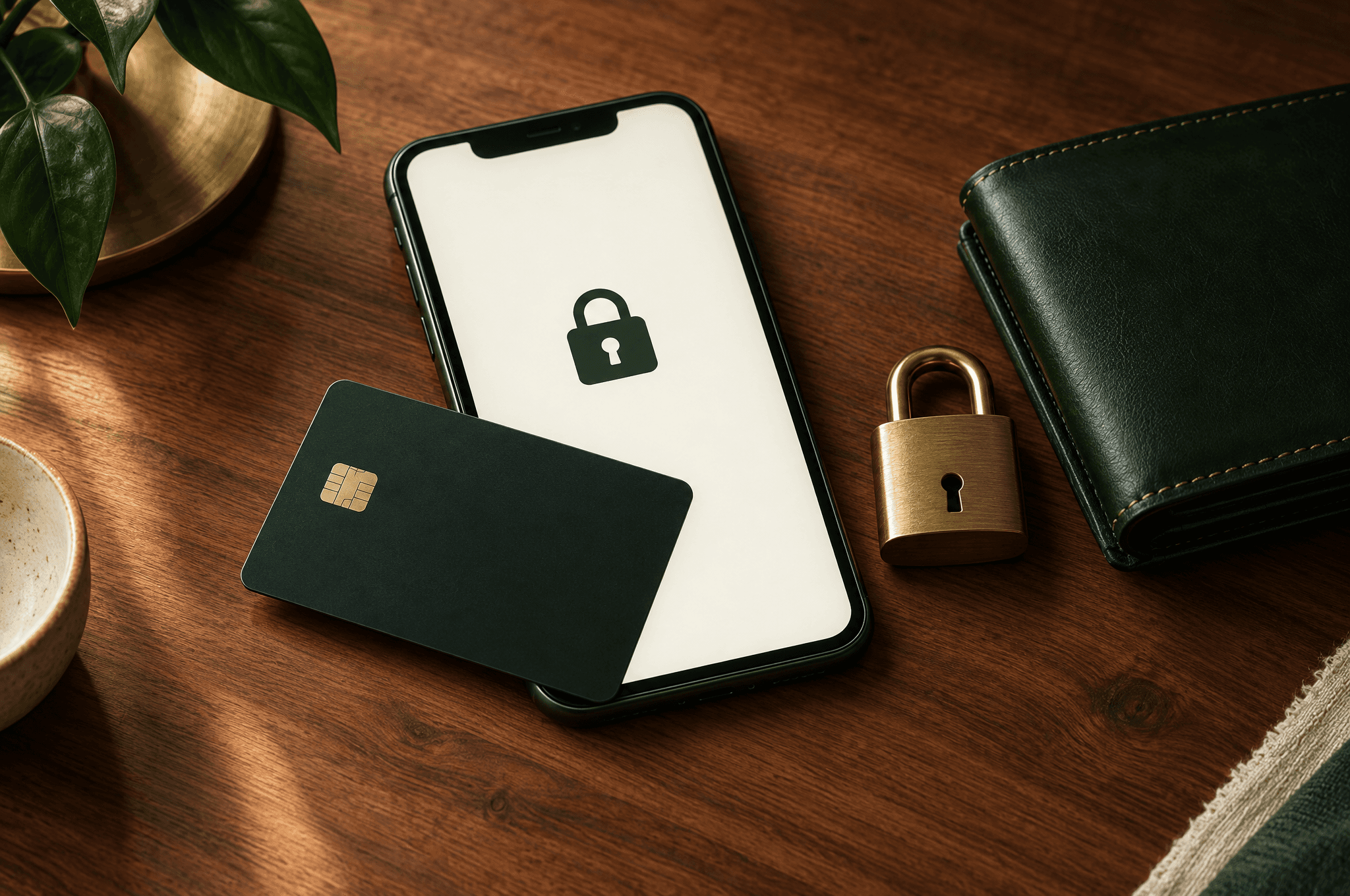بطاقة بنكية داكنة بلا كتابة فوق هاتف ذكي بشاشة فارغة يظهر عليها قفل، بجانب قفل نحاسي صغير ومحفظة جلدية