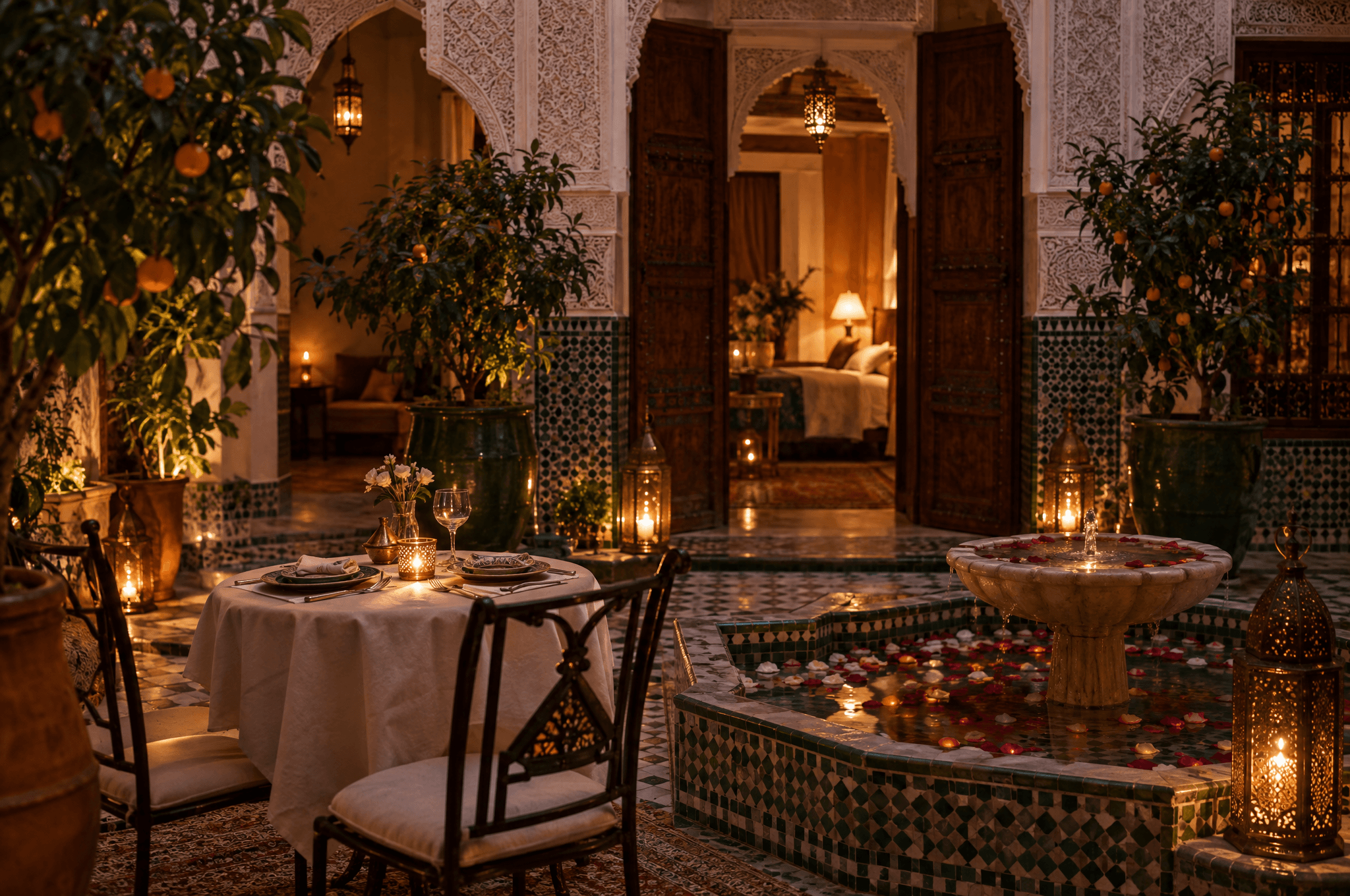 La cour d’un riad au crépuscule : une table aux chandelles près d’une fontaine en zellige, des lanternes et des orangers