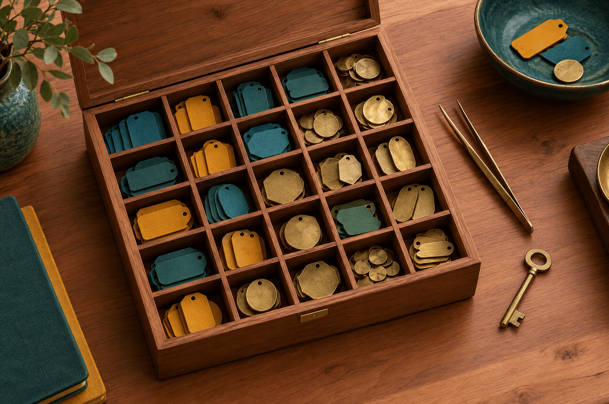 Une boîte en bois élégante avec de nombreux petits compartiments contenant chacun une étiquette colorée ou un jeton en laiton, avec une pince et une clé sur un bureau en cèdre