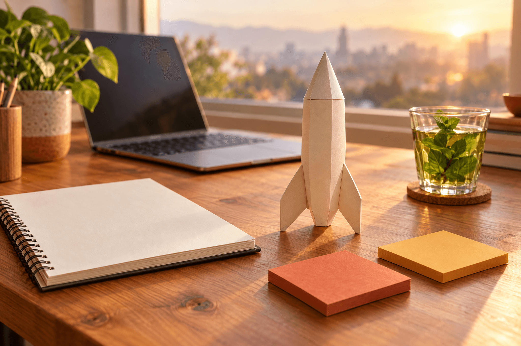 Une petite fusée en papier crème sur un bureau en cèdre, un carnet aux pages vierges, des notes adhésives terre cuite et safran sans écriture, un ordinateur flou et un thé à la menthe