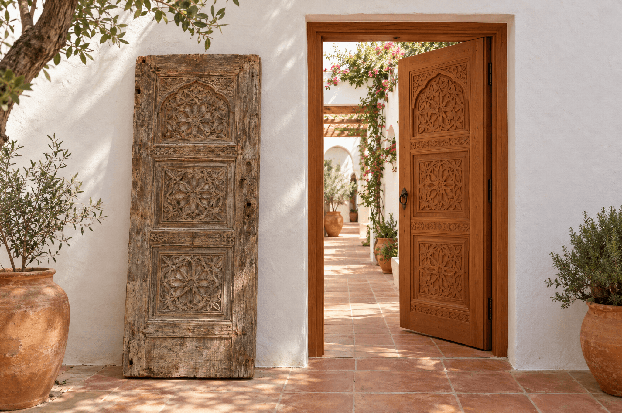 An old carved cedar door leaning against a whitewashed wall beside a new identical door in place, a path of terracotta tiles leading through it