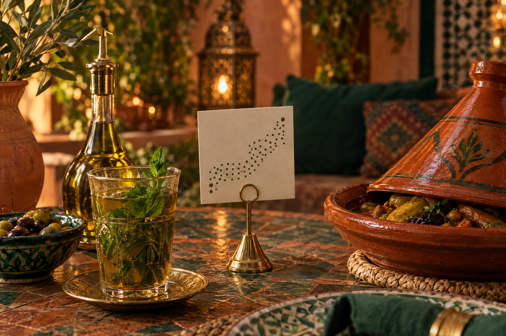 طاولة مطعم مغربي عليها حامل نحاسي صغير يحمل بطاقة بنقوش نقطية، مع طاجين وشاي بالنعناع وزيت زيتون