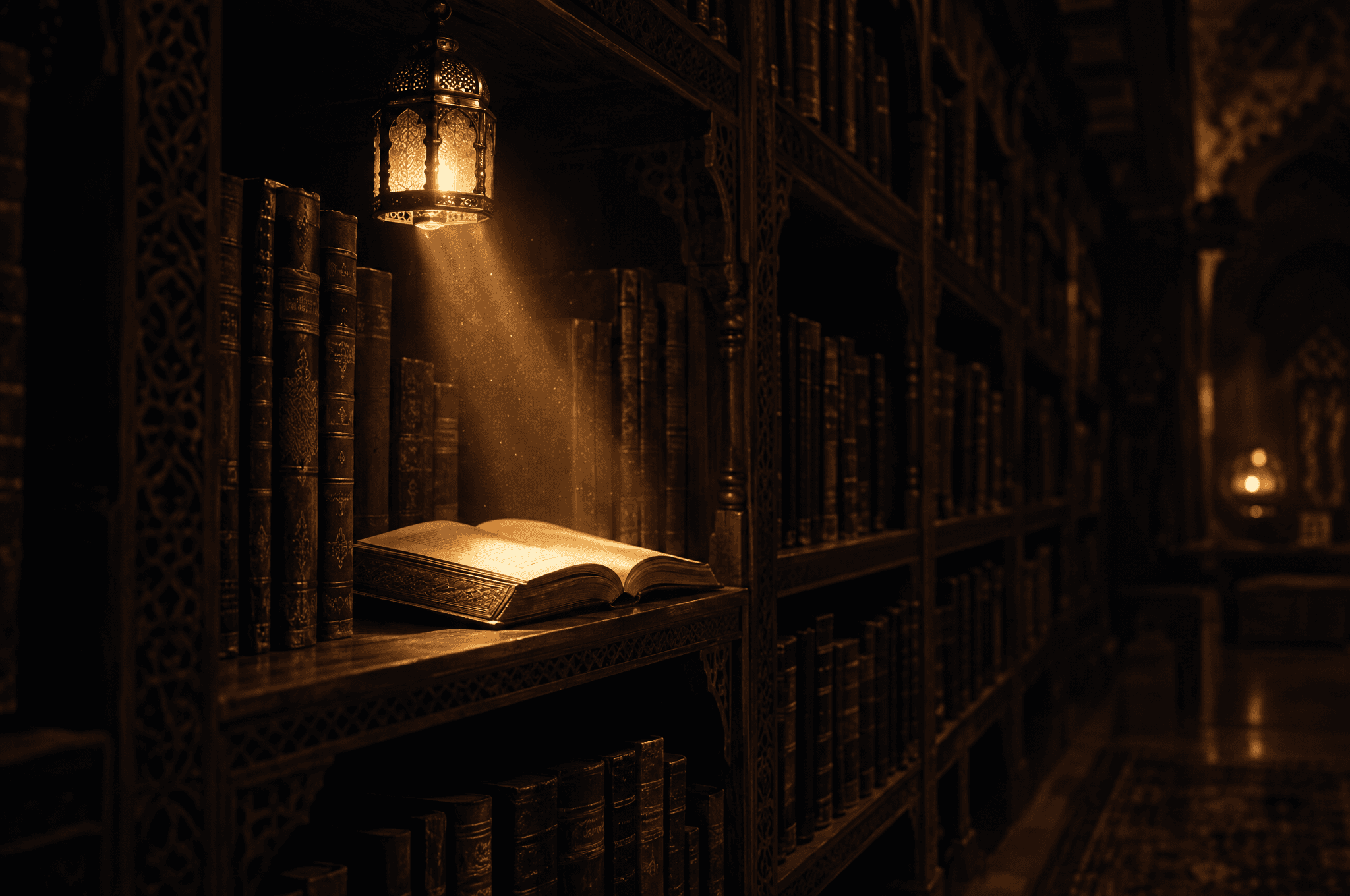 Une lanterne en laiton éclaire un seul livre ouvert dans une bibliothèque marocaine plongée dans la pénombre