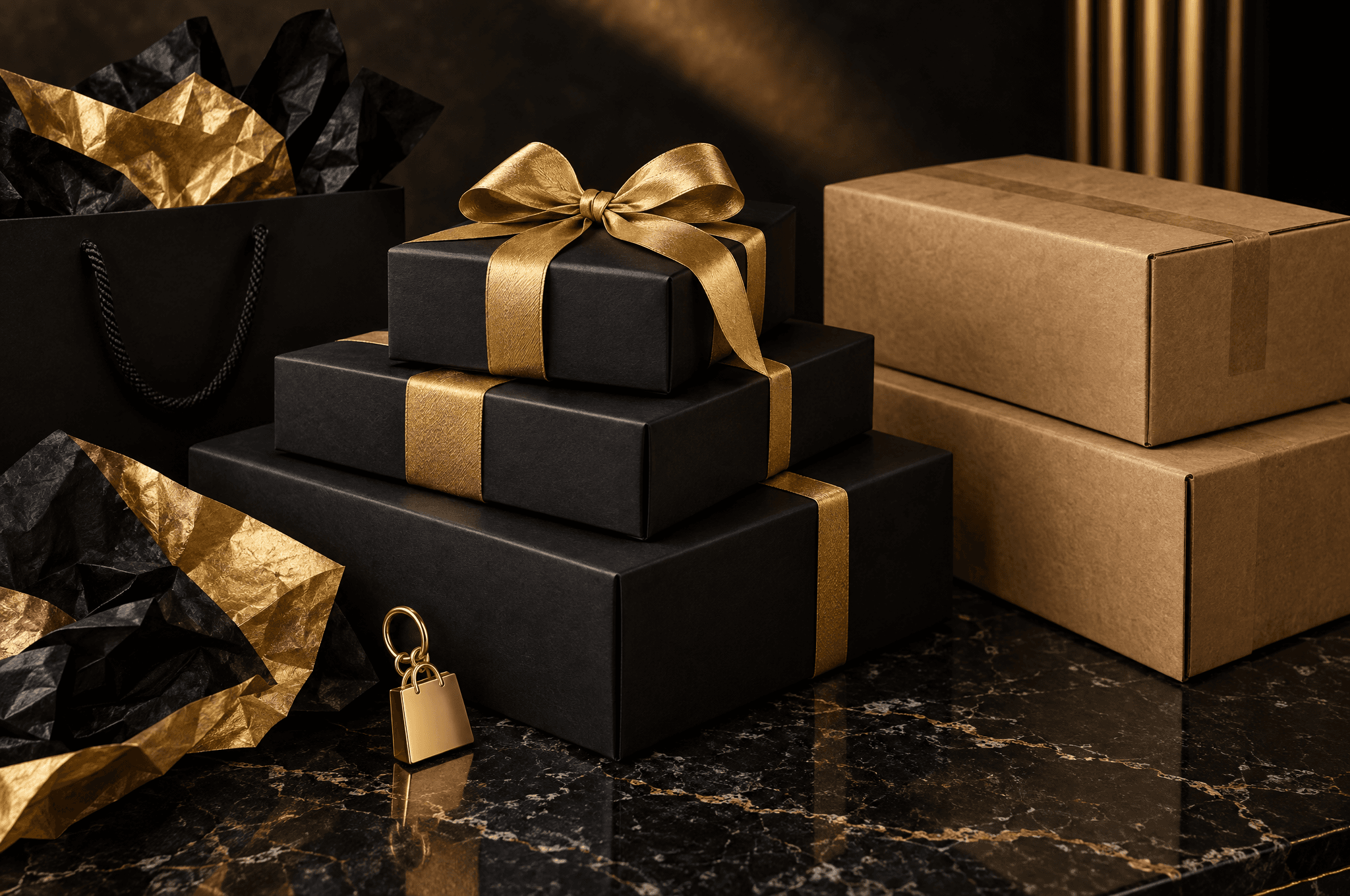 Des boîtes cadeaux noires nouées de rubans dorés empilées sur un marbre sombre, à côté de colis en kraft, de papier de soie noir et doré et d’un petit charm en laiton