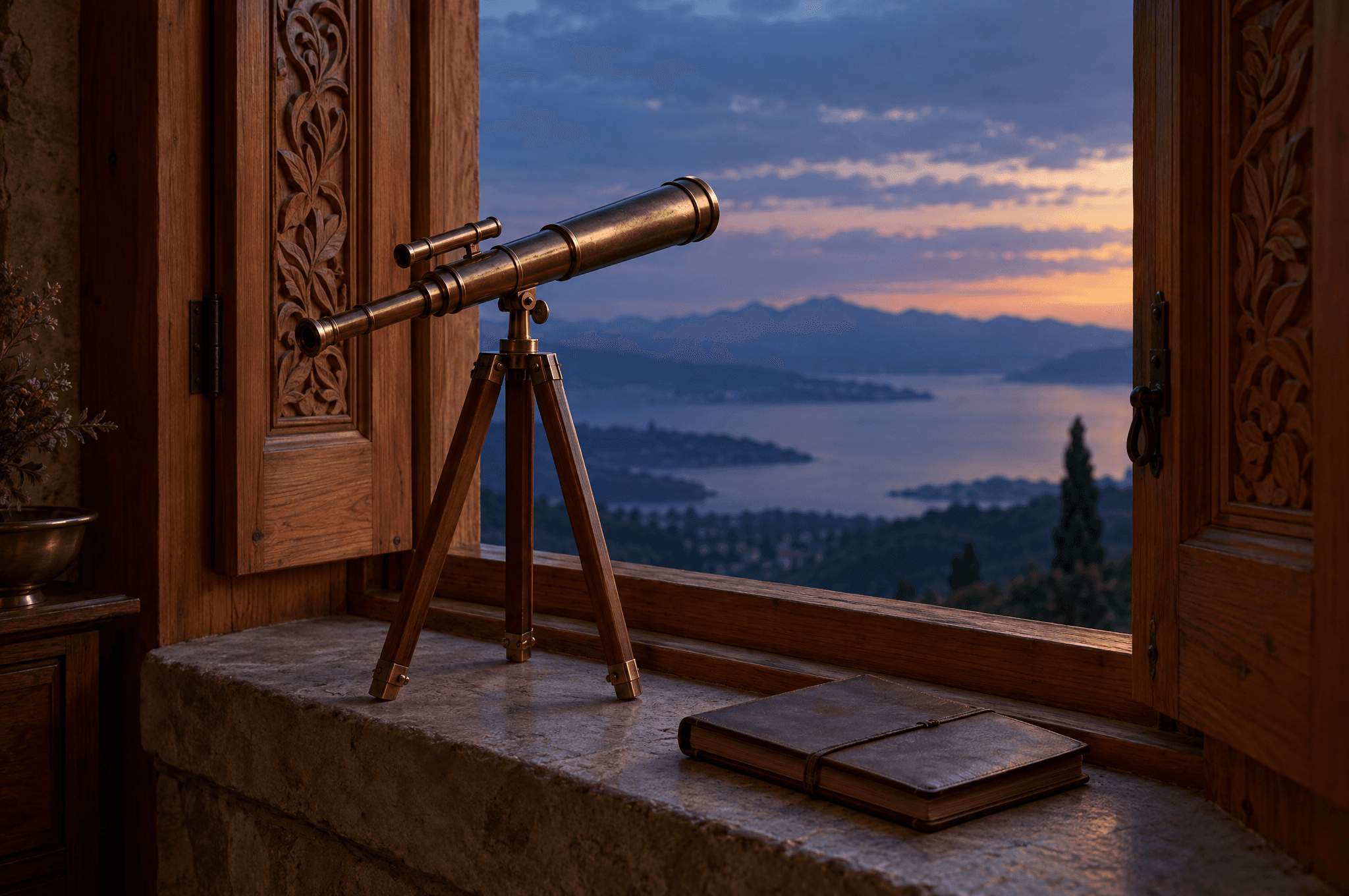 A brass telescope on a tripod pointed out of an open carved window toward a soft evening sky, with a closed notebook on the sill
