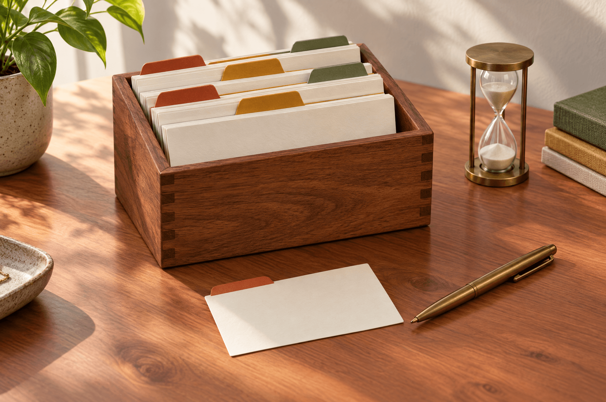 Une boîte à fiches en bois remplie de fiches crème vierges classées avec des onglets terre cuite, safran et vert, une fiche sortie, un stylo en laiton et un petit sablier