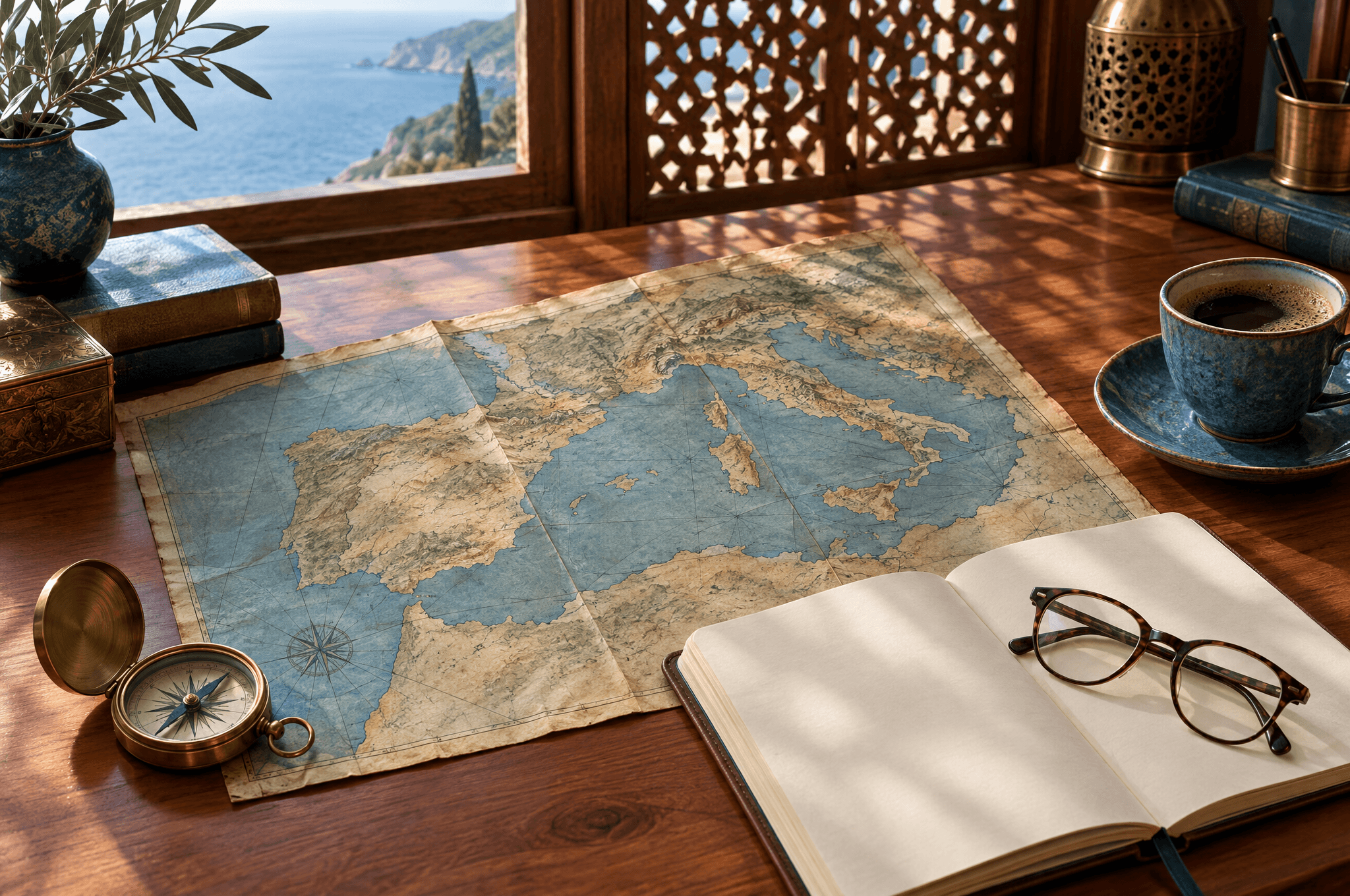 An open notebook, a pair of reading glasses and a brass compass resting on a folded map of the Mediterranean on a cedar desk, morning light