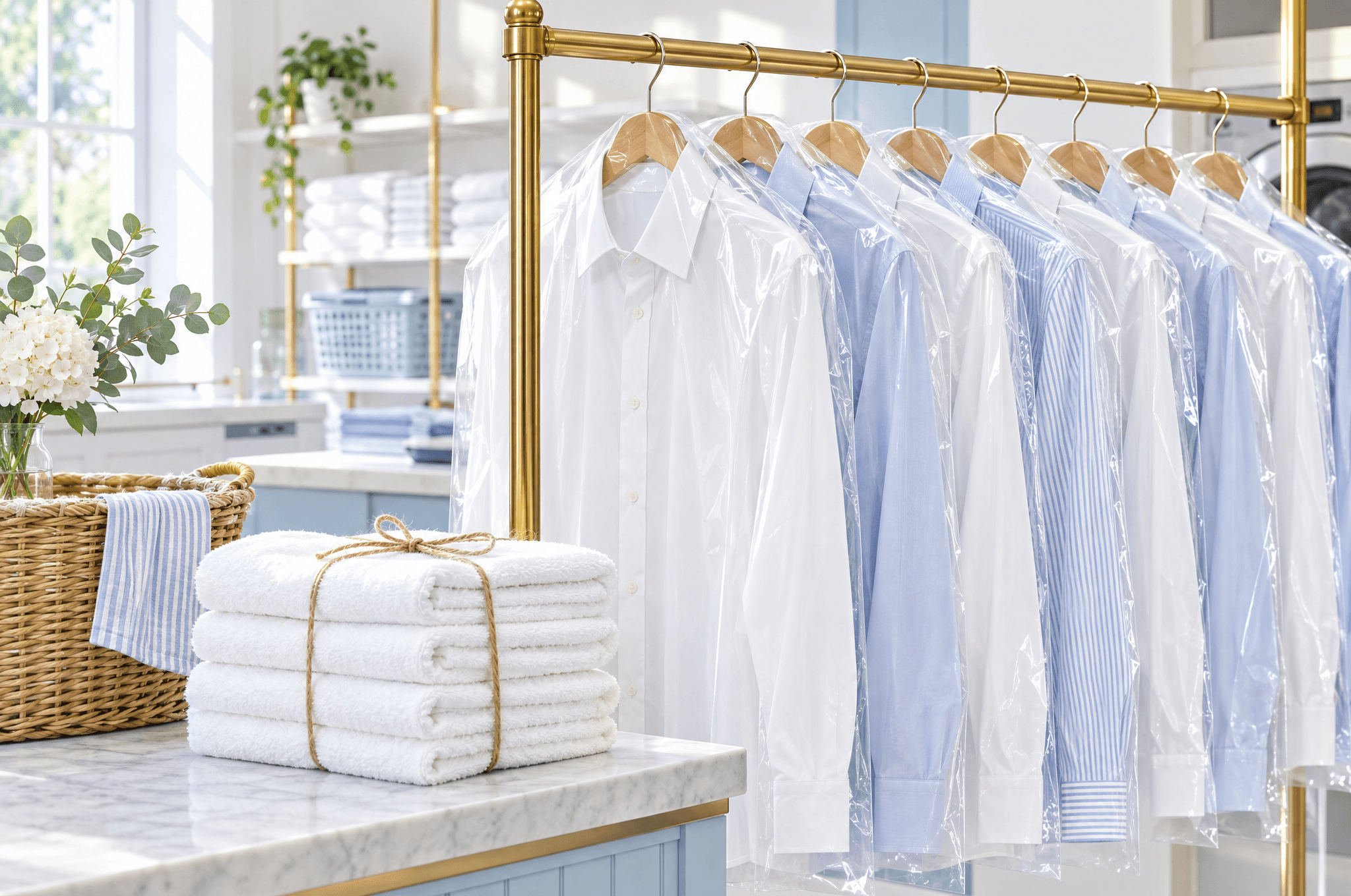 Des chemises repassées sur des cintres en bois sous housses transparentes accrochées à une barre en laiton, une pile de serviettes blanches nouées de ficelle et un panier en osier