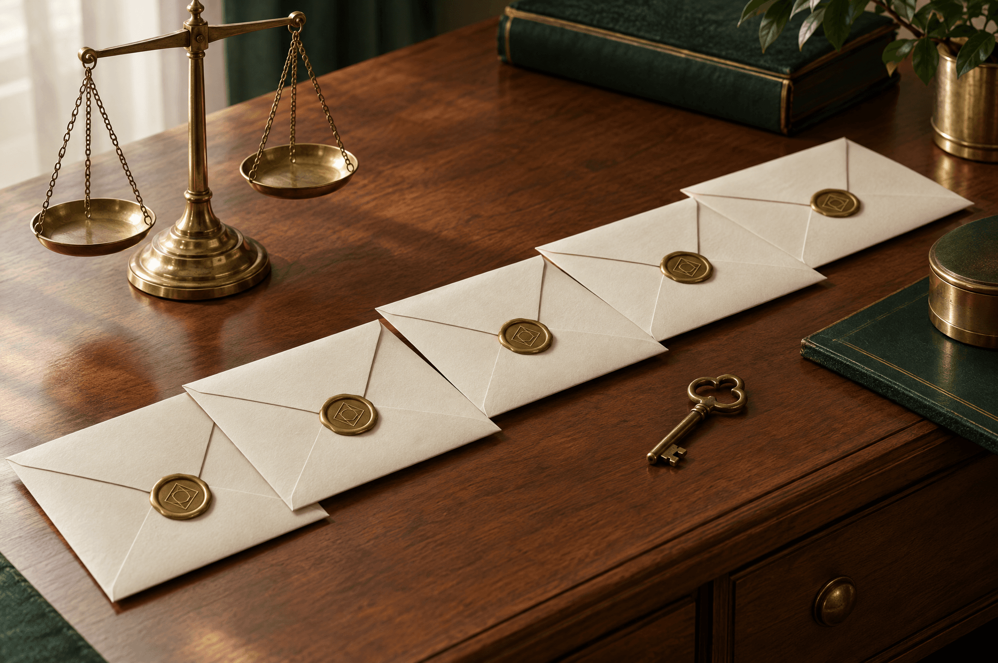 Une rangée d’enveloppes crème scellées chacune d’un cachet de cire en laiton à motif géométrique, sur un bureau en cèdre avec une balance à lettres et une petite clé
