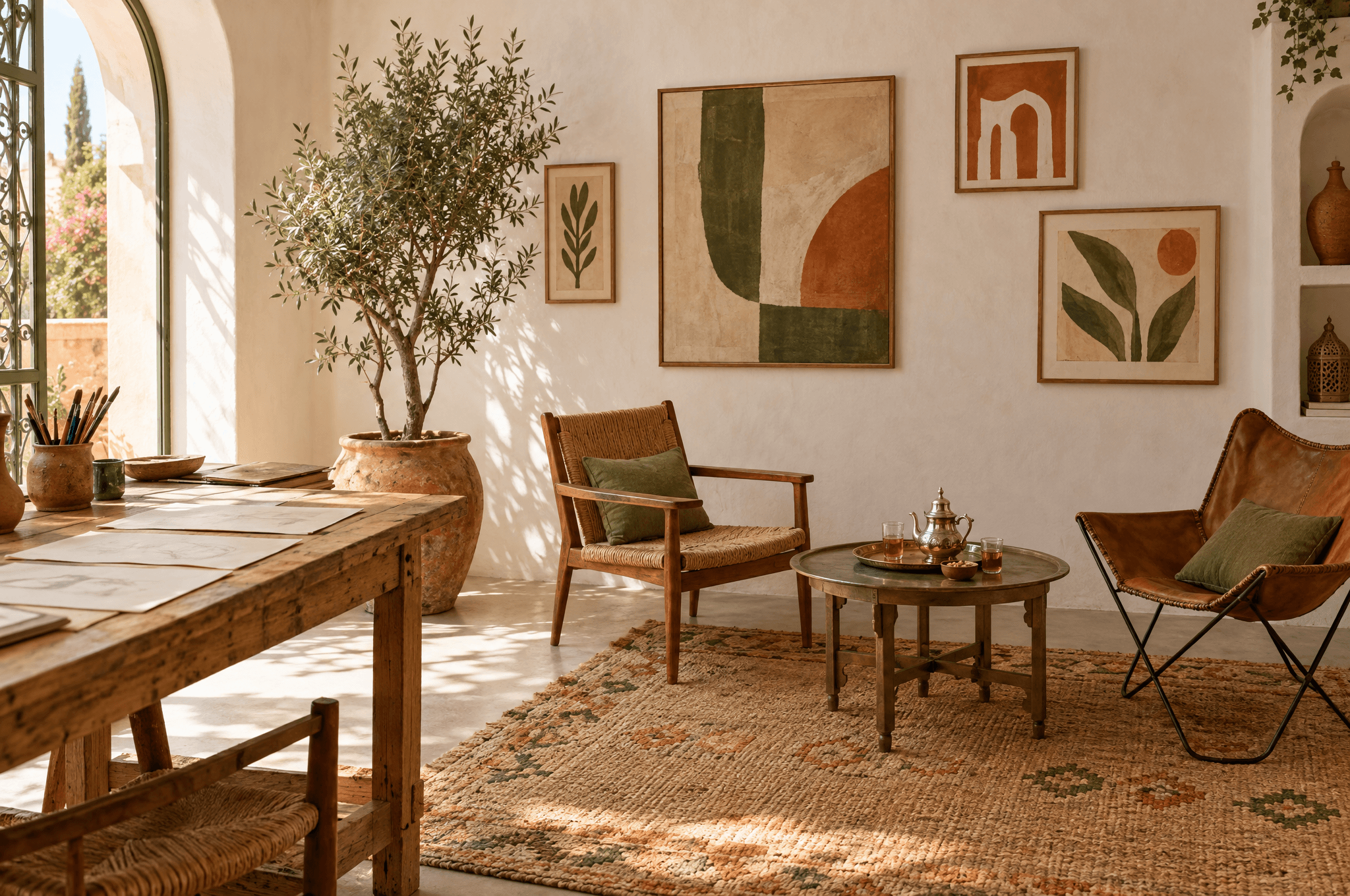 Un coin d’atelier de création marocain lumineux : établi en bois, olivier en pot, tapis tissé, œuvres abstraites encadrées sur un mur blanchi et deux chaises autour d’une table avec des verres de thé