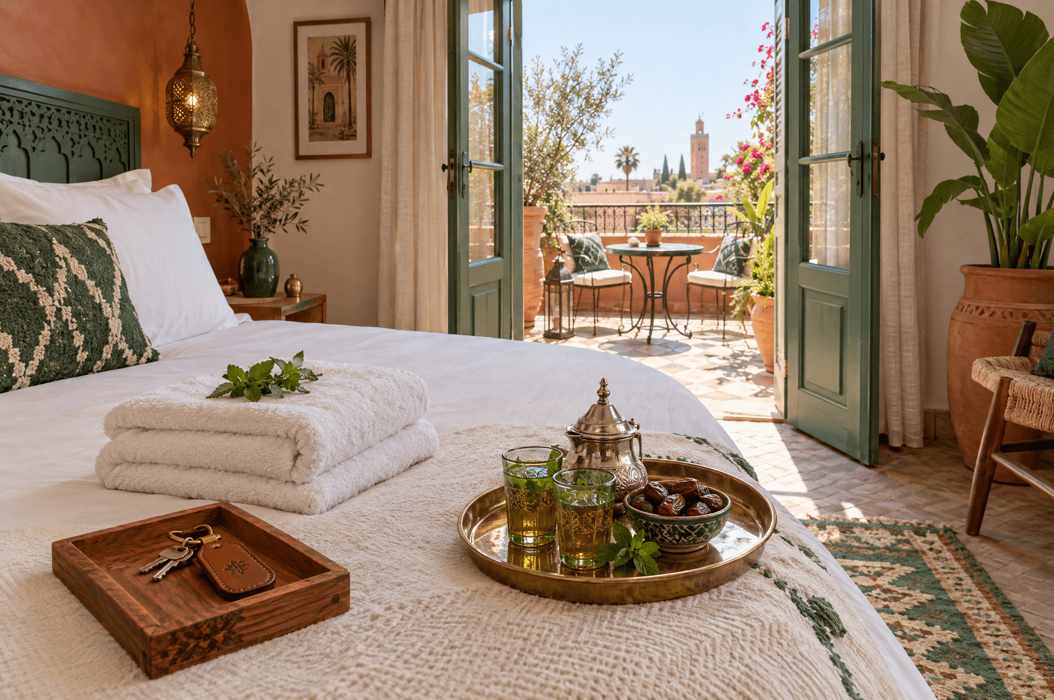 Un appartement de vacances lumineux avec un lit aux draps blancs, des clés avec étiquette en cuir sur un plateau en cèdre, un plateau de bienvenue avec thé et dattes et une terrasse ensoleillée