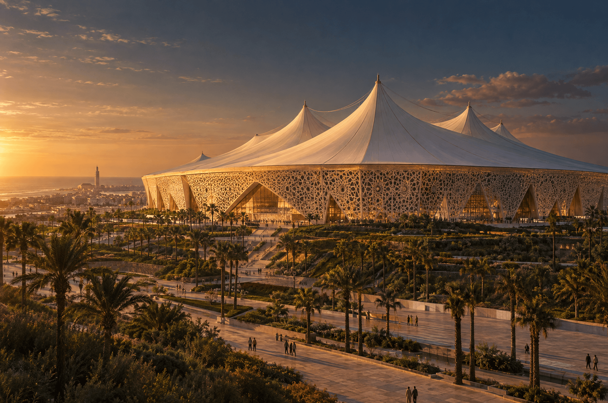 An imagined stadium with a vast white tented roof rising from terraced gardens at golden hour