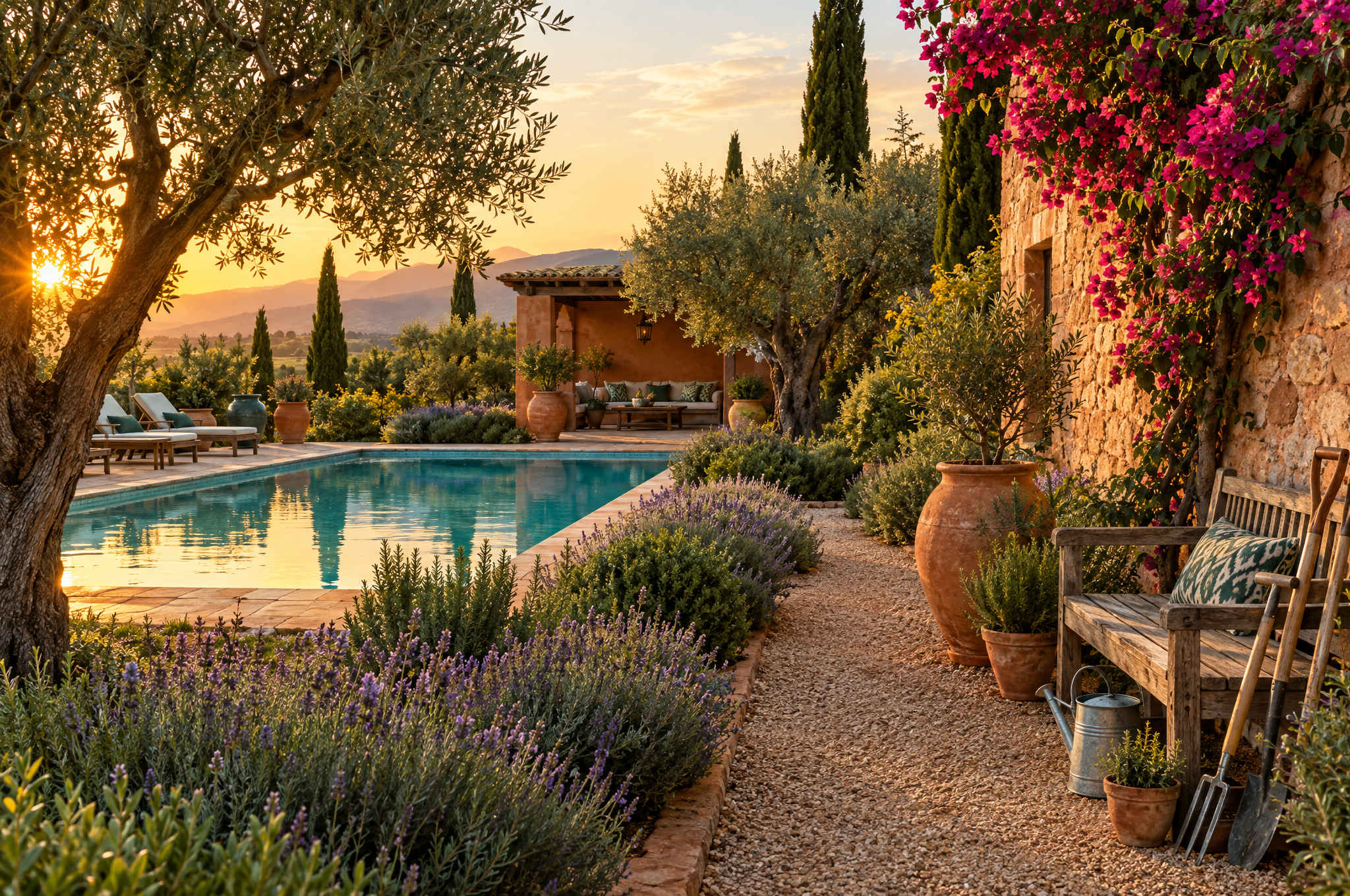 Un jardin de villa marocaine au coucher du soleil avec une piscine turquoise, des oliviers, de la lavande, une allée de gravier, des pots en terre cuite et des bougainvilliers