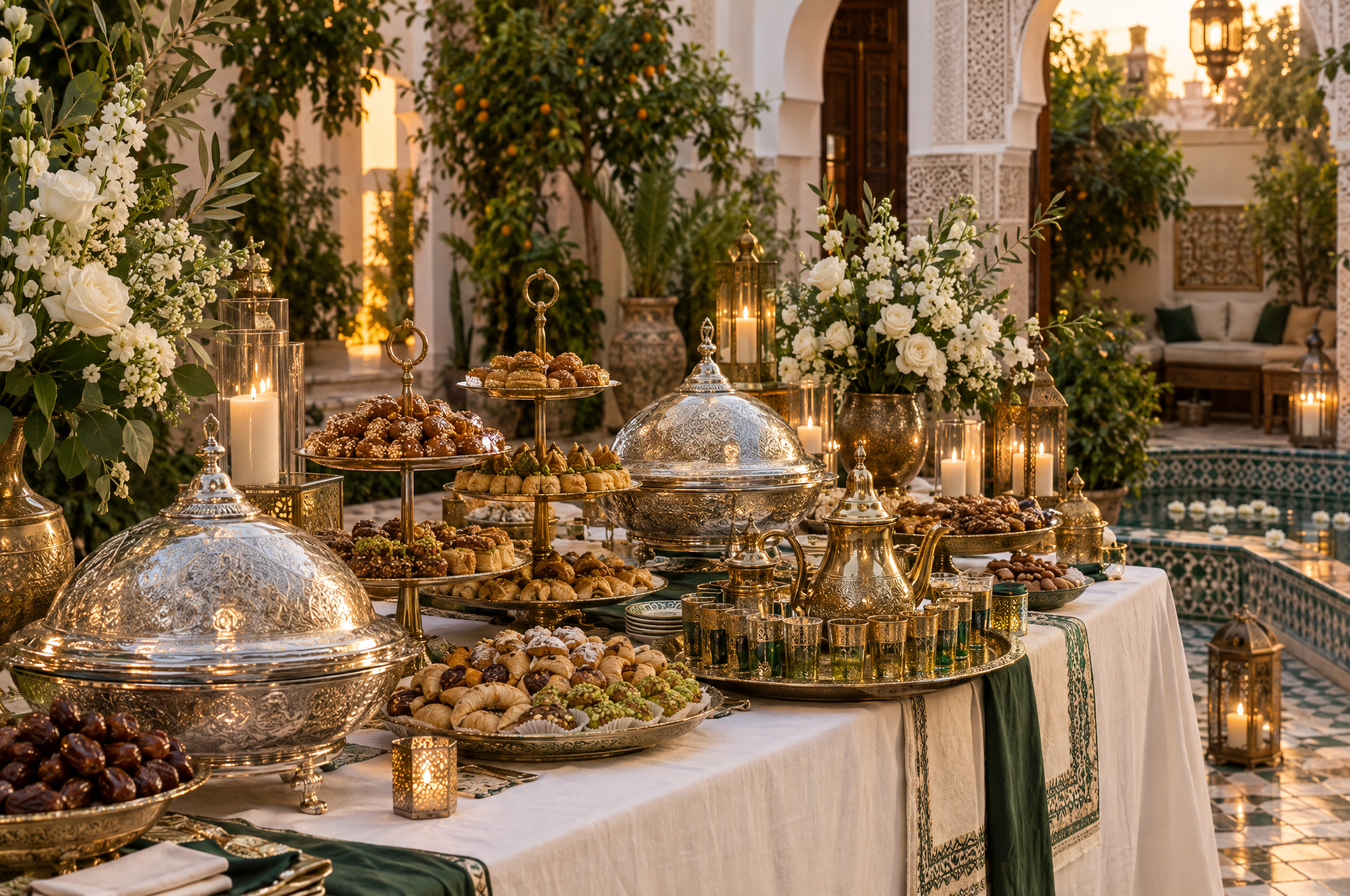 Un buffet marocain élégant dans un patio de riad avant l’arrivée des invités : plats sous cloche, pâtisseries, théière en laiton, nappes blanches, bougies et fleurs