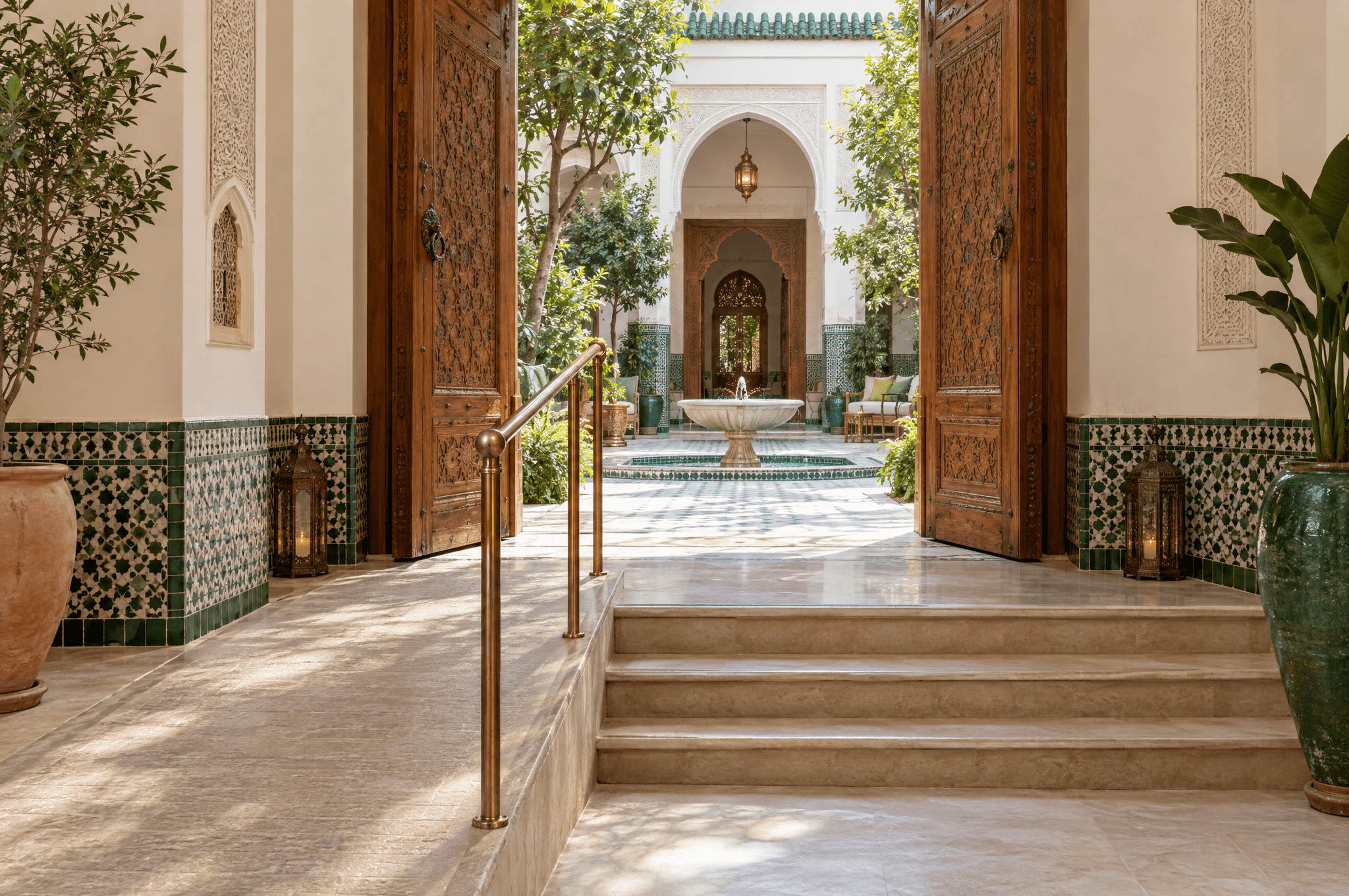 Une entrée de riad accueillante avec une rampe en pierre douce à côté de quelques marches, une rampe en laiton et une large porte en cèdre ouverte sur un patio lumineux