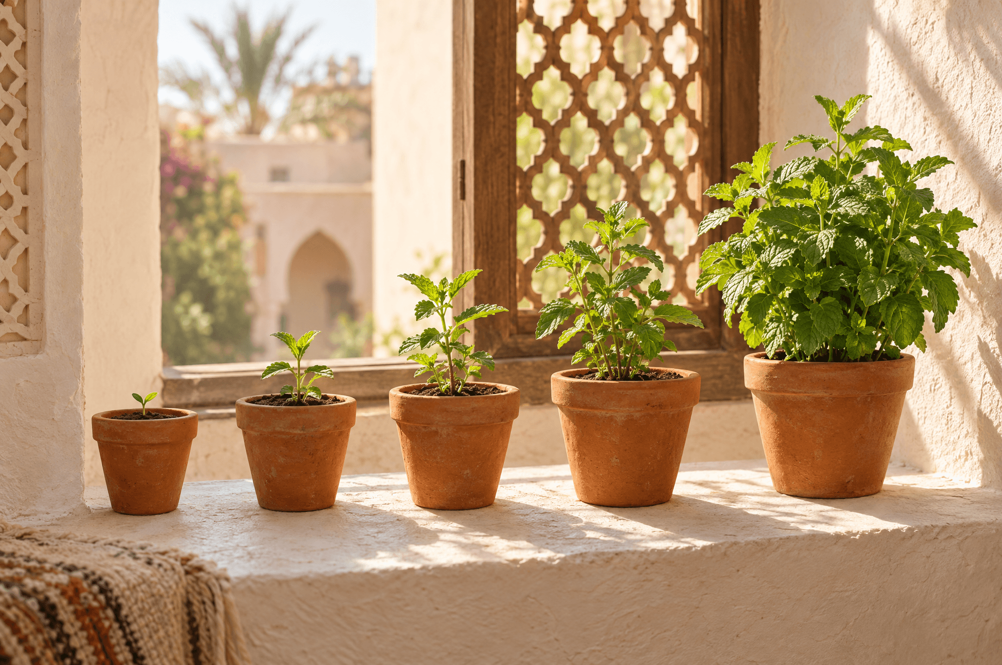 صف من الأصص الفخارية على حافة نافذة مطلية بالجير، بنباتات تكبر تدريجيًا من البذرة إلى النعناع