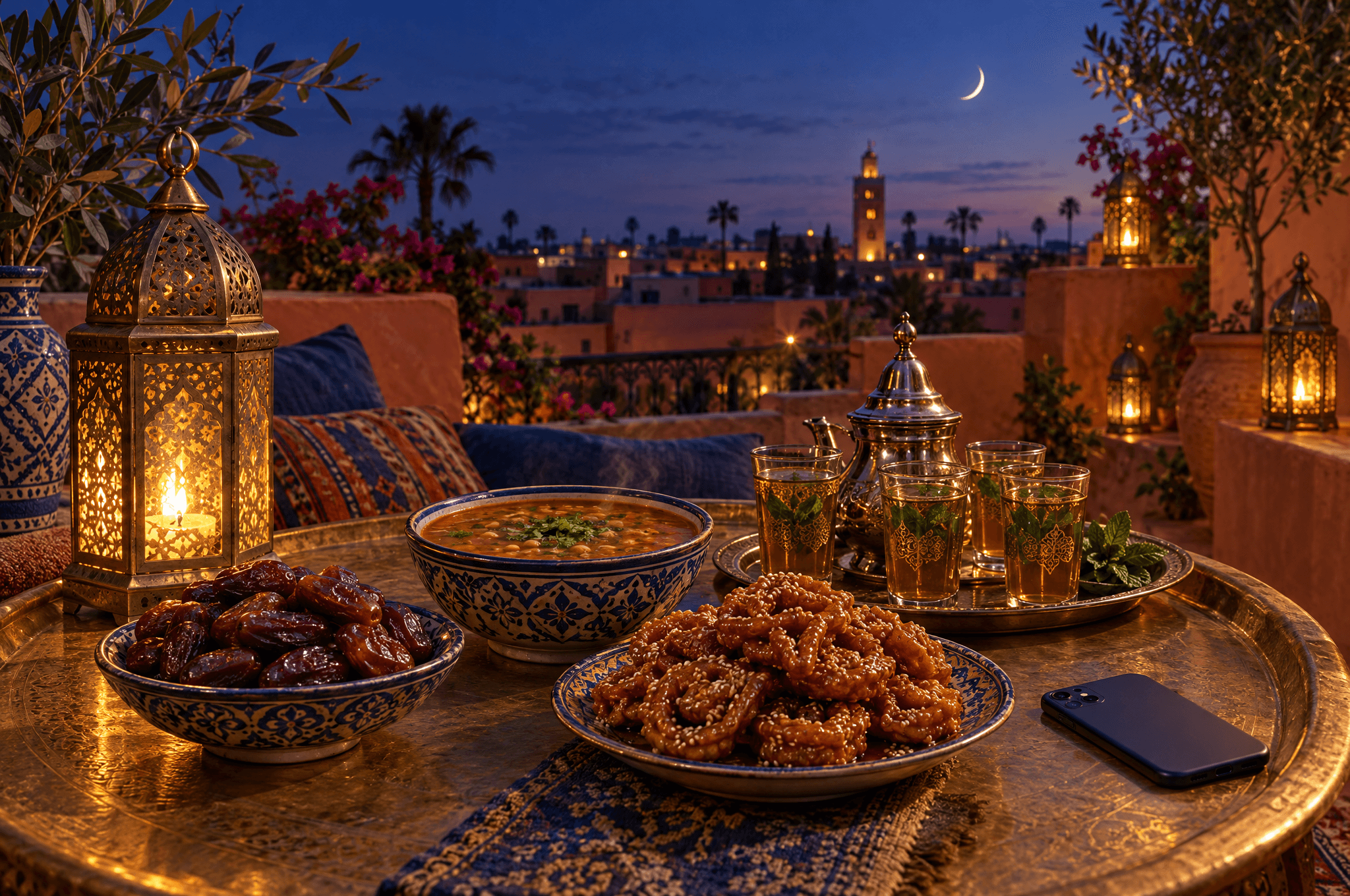 Une terrasse marocaine au crépuscule avec des lanternes en laiton allumées, un croissant de lune, une table basse avec dattes, harira, chebakia et thé, et un téléphone posé