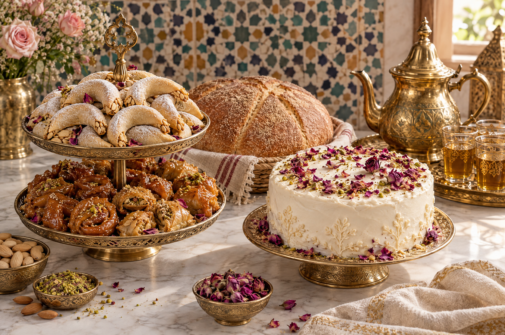 منضدة حلويات مغربية عليها صينية كعب غزال وحلويات بالعسل، وخبز دائري تقليدي، وكعكة بيضاء مزينة ببتلات الورد، وبراد شاي نحاسي