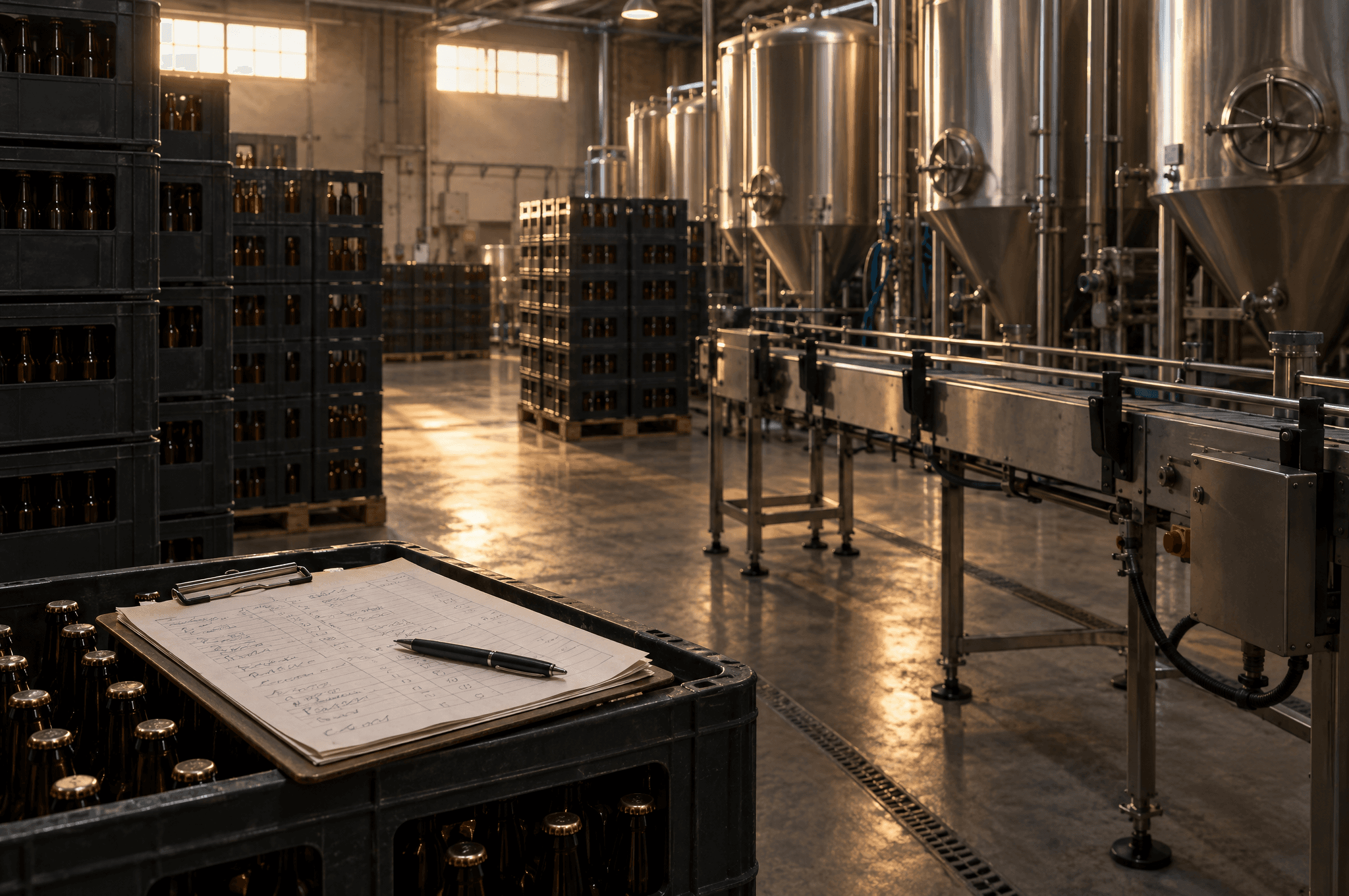 A quiet brewery warehouse with unlabelled crates and handwritten order sheets on a clipboard